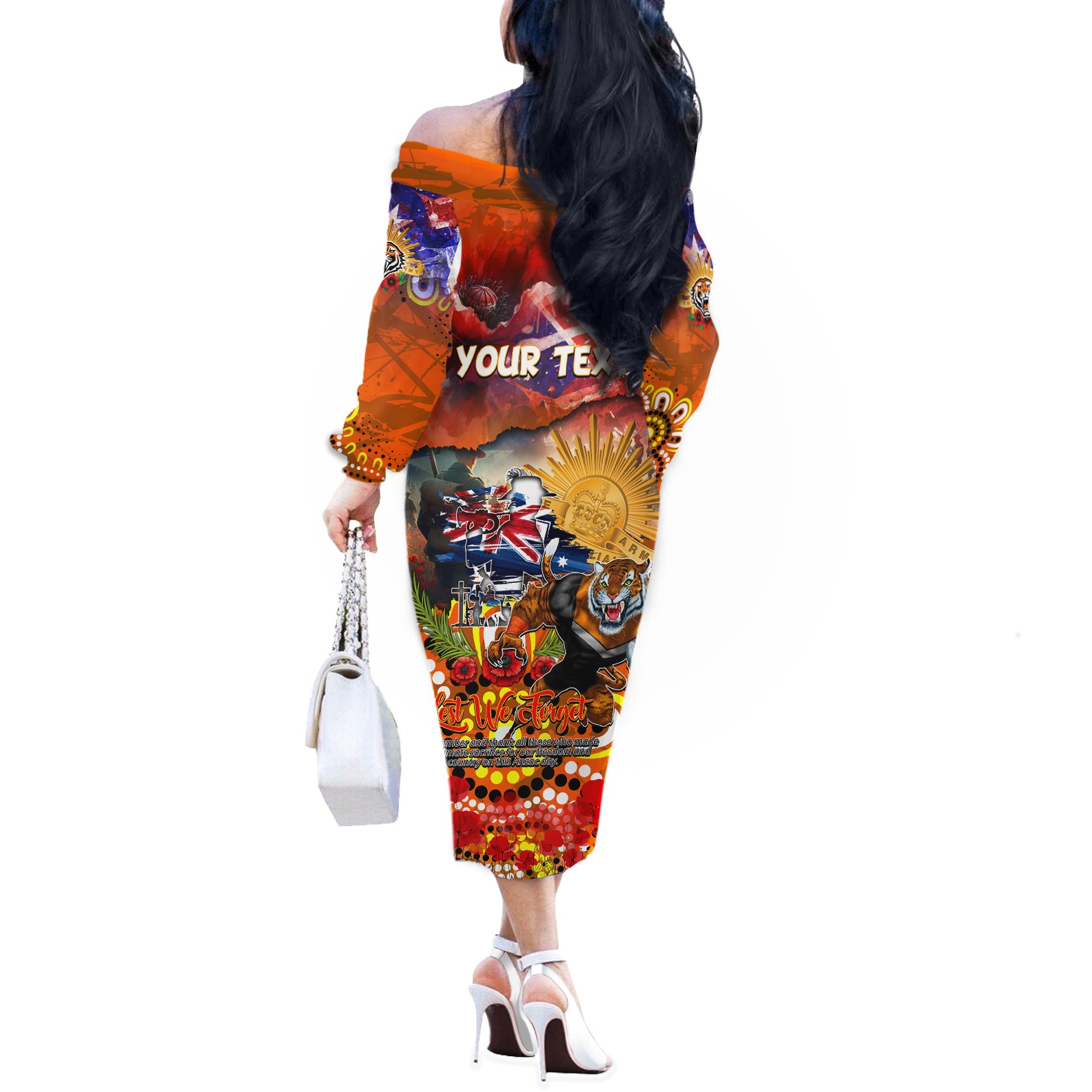 Personalised Australia Rugby Tigers ANZAC Off The Shoulder Long Sleeve Dress Wests Scratch Style
