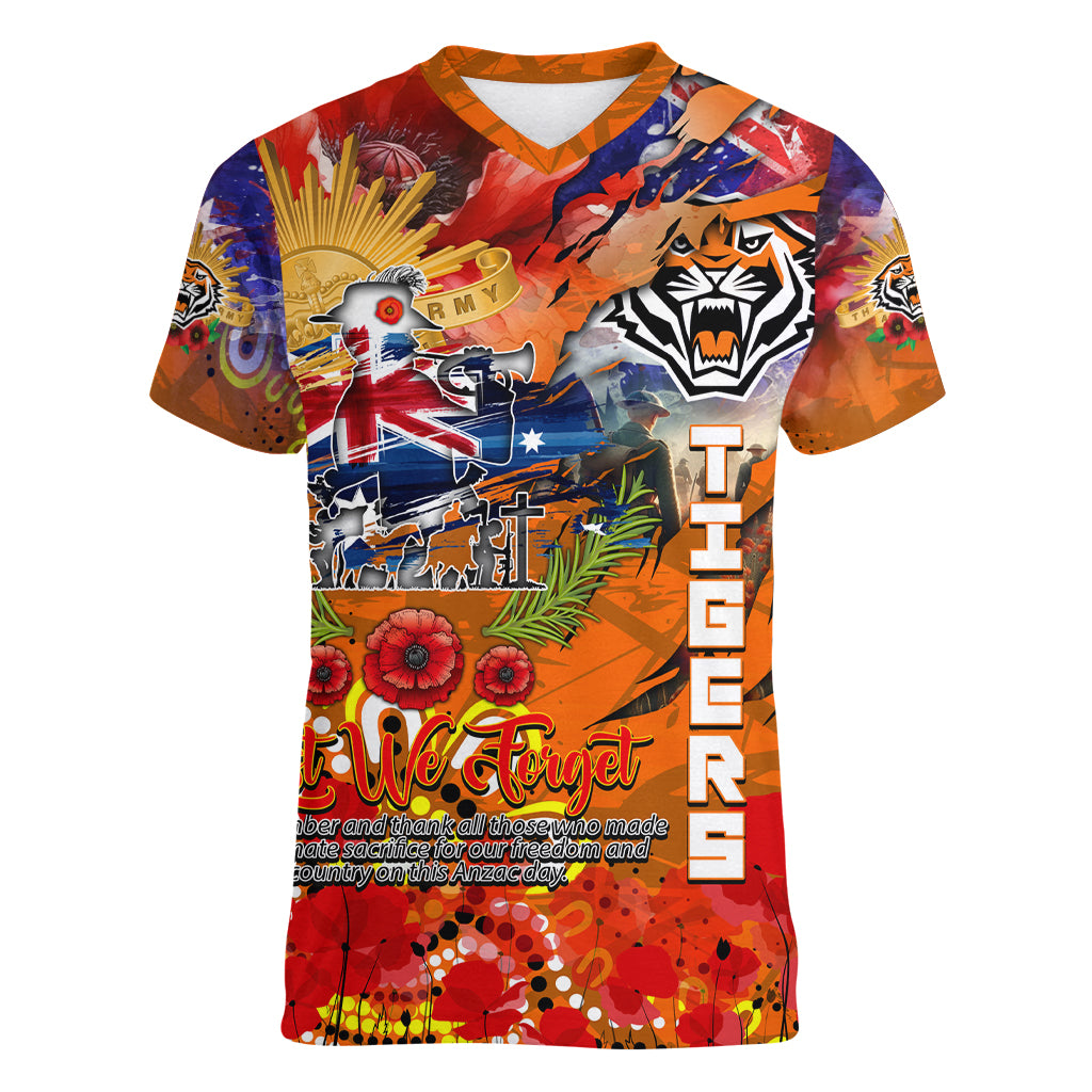 Personalised Australia Rugby Tigers ANZAC Women V Neck T Shirt Wests Scratch Style - Vibe Hoodie Shop