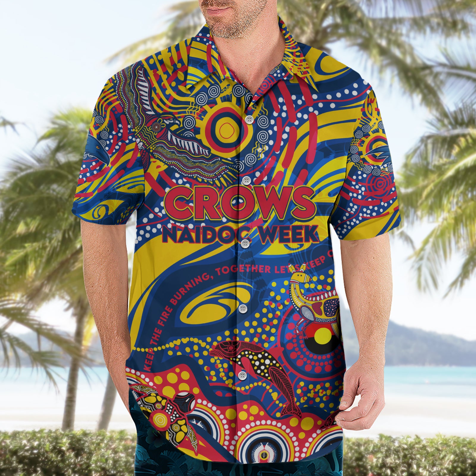 Custom NAIDOC Week 2024 Crows Hawaiian Shirt Aboriginal Animals Keep The Fire Burning - Vibe Hoodie Shop