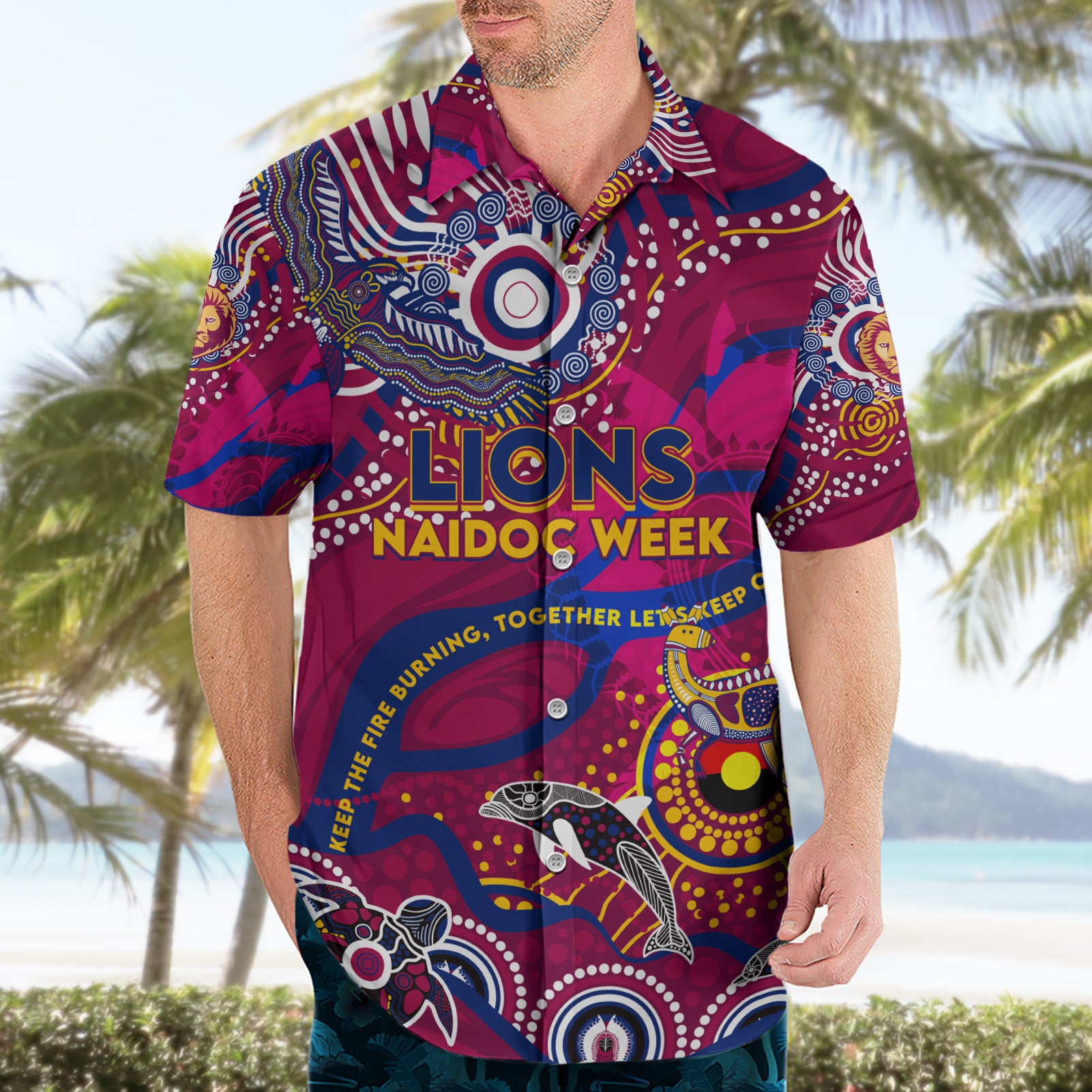 Custom NAIDOC Week 2024 Lions Hawaiian Shirt Aboriginal Animals Keep The Fire Burning - Vibe Hoodie Shop