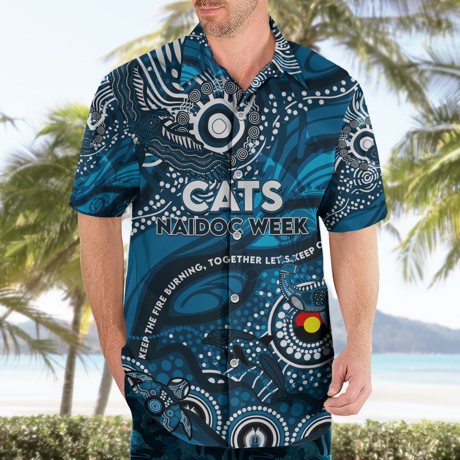 Custom NAIDOC Week 2024 Blues Hawaiian Shirt Aboriginal Animals Keep The Fire Burning - Vibe Hoodie Shop