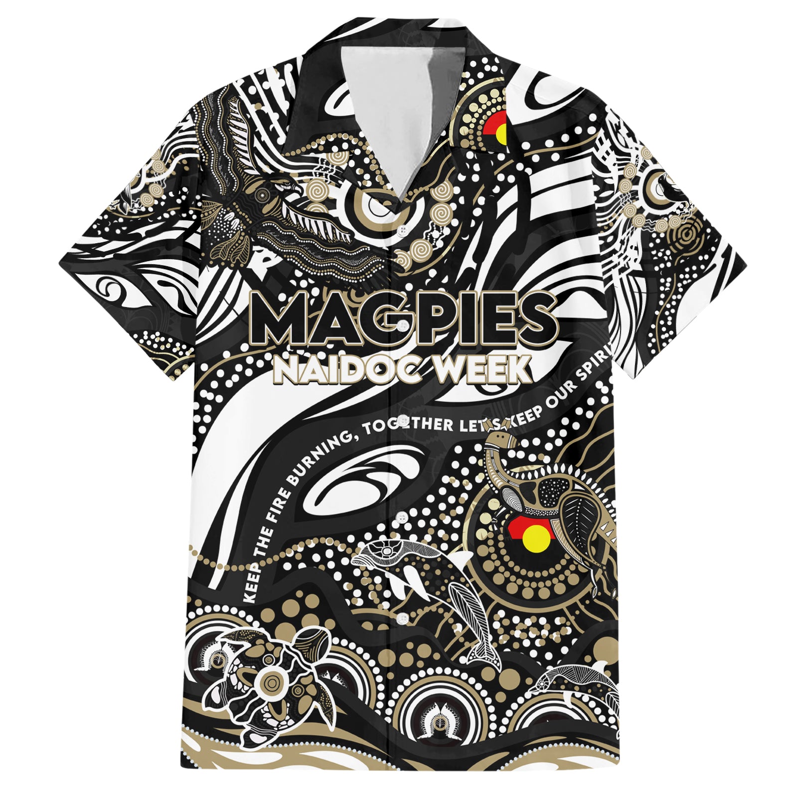 Custom NAIDOC Week 2024 Magpies Hawaiian Shirt Aboriginal Animals Keep The Fire Burning - Vibe Hoodie Shop