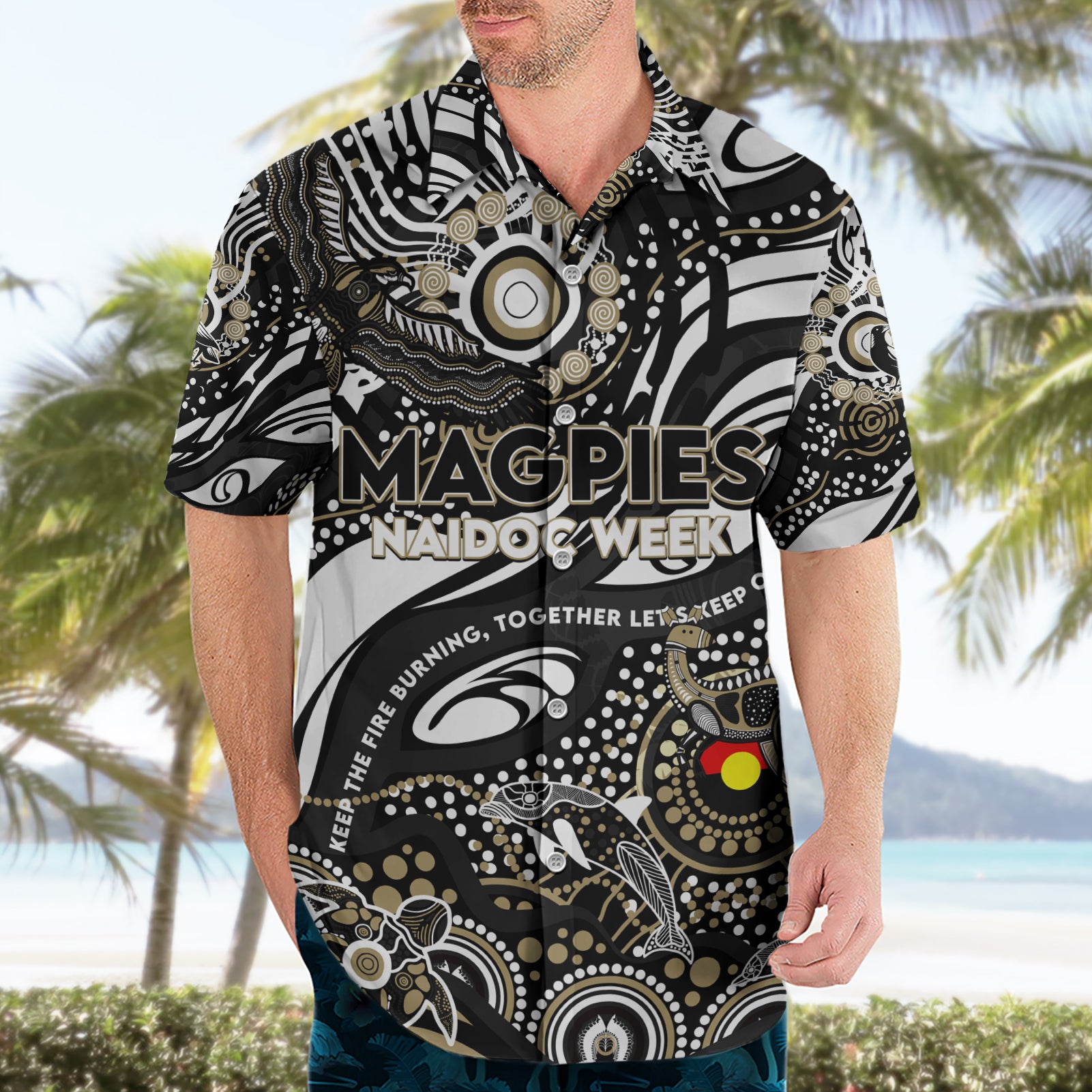 Custom NAIDOC Week 2024 Magpies Hawaiian Shirt Aboriginal Animals Keep The Fire Burning - Vibe Hoodie Shop