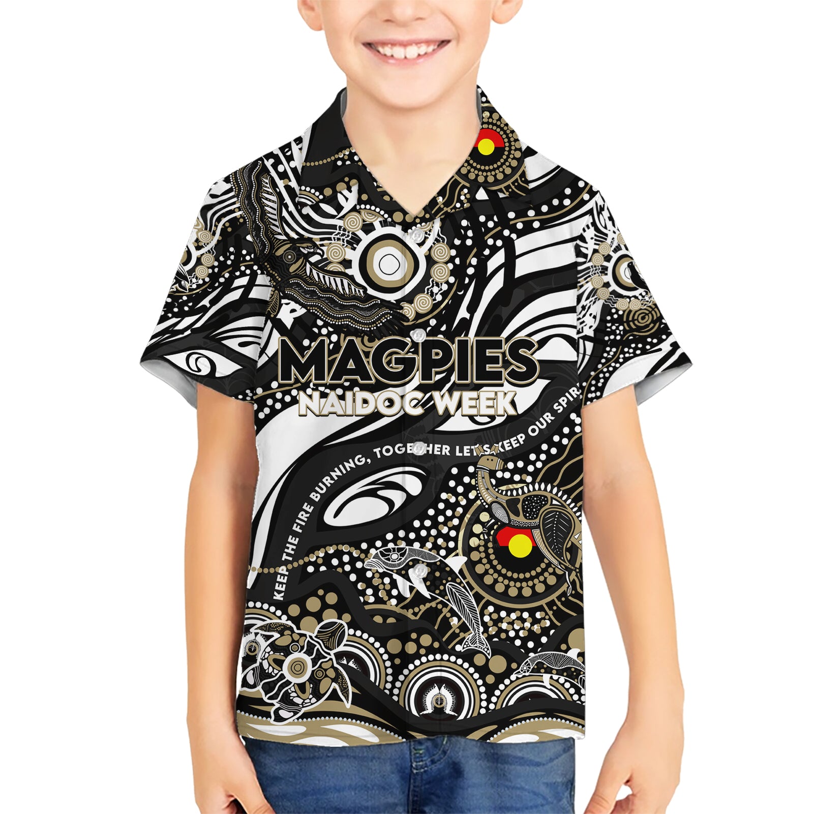 Custom NAIDOC Week 2024 Magpies Hawaiian Shirt Aboriginal Animals Keep The Fire Burning - Vibe Hoodie Shop