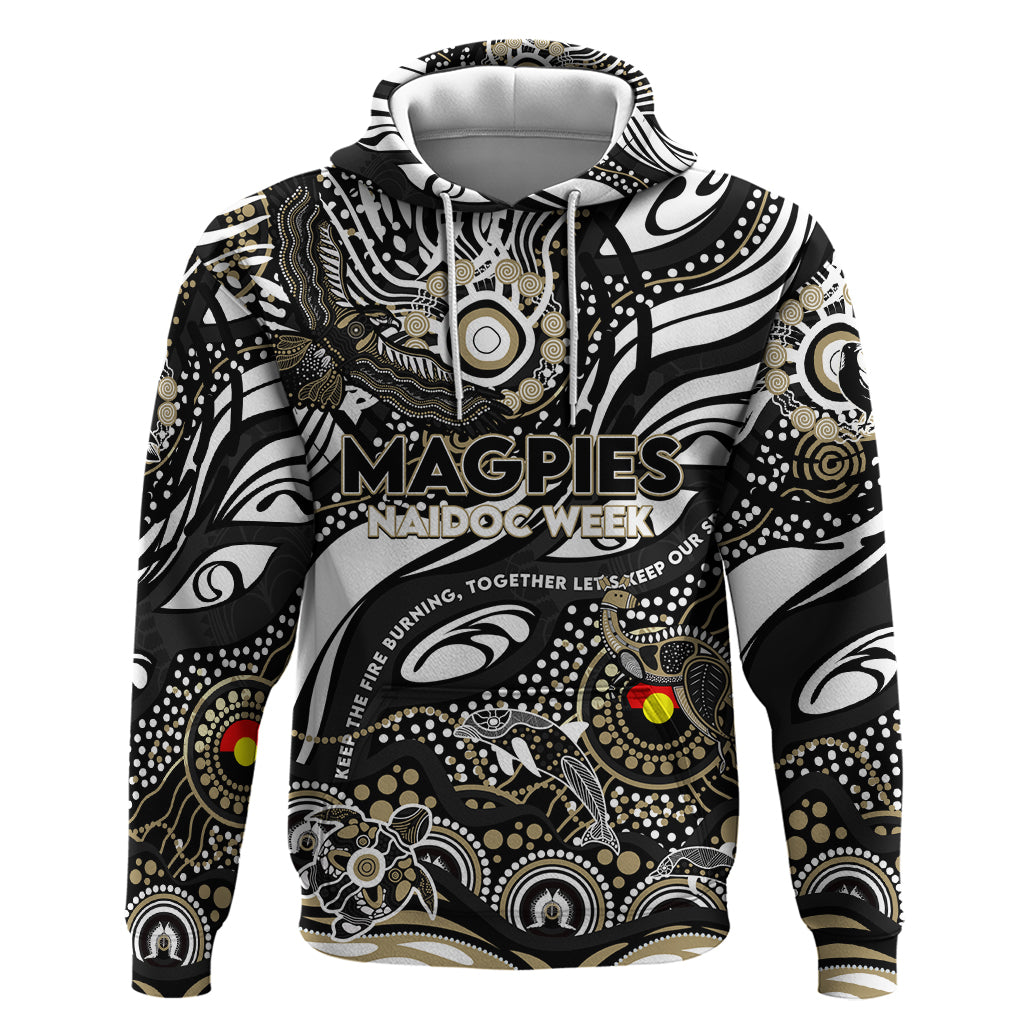 Custom NAIDOC Week 2024 Magpies Hoodie Aboriginal Animals Keep The Fire Burning - Vibe Hoodie Shop
