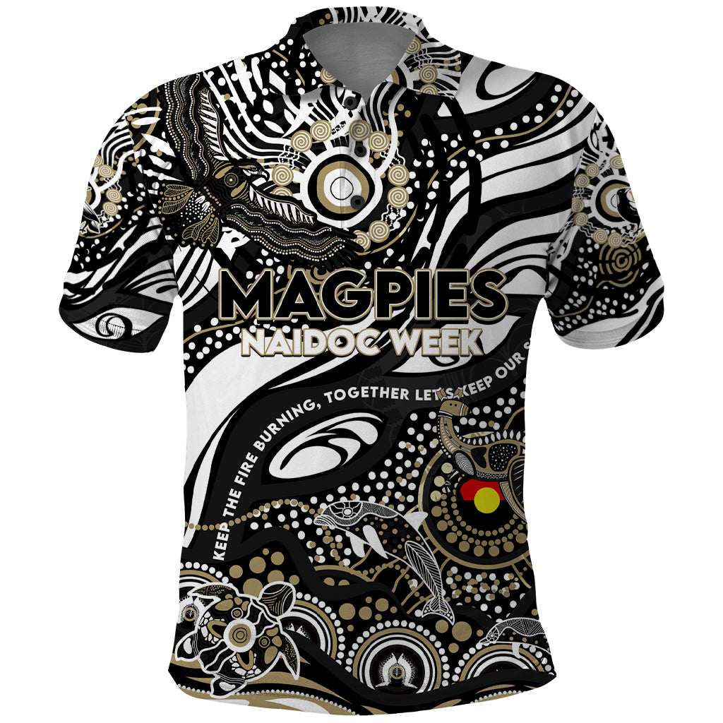 Custom NAIDOC Week 2024 Magpies Polo Shirt Aboriginal Animals Keep The Fire Burning - Vibe Hoodie Shop
