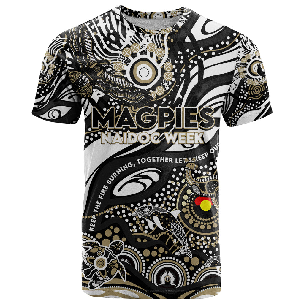 Custom NAIDOC Week 2024 Magpies T Shirt Aboriginal Animals Keep The Fire Burning - Vibe Hoodie Shop