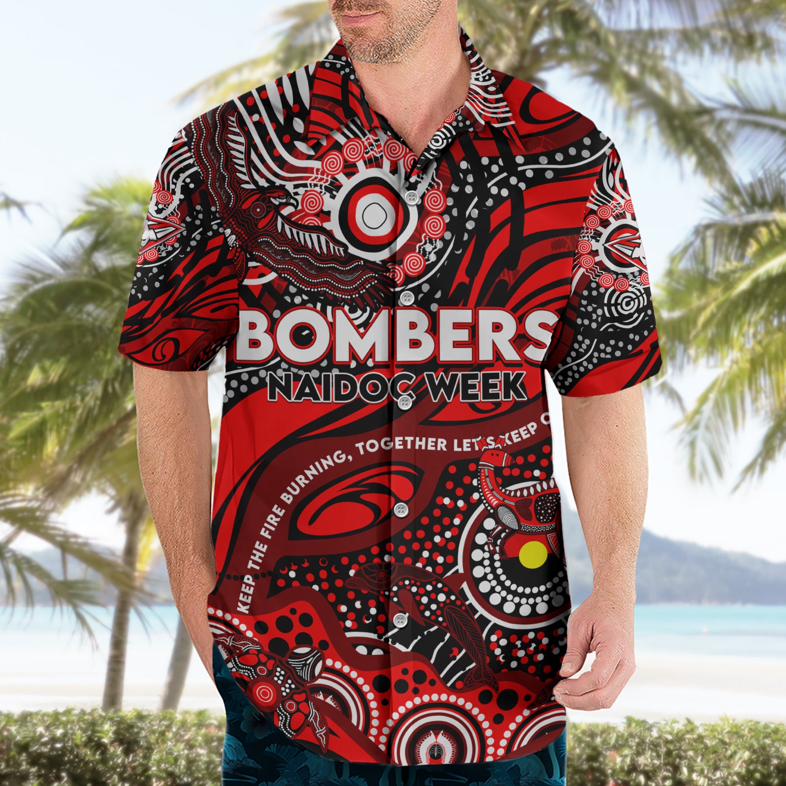 Custom NAIDOC Week 2024 Bombers Hawaiian Shirt Aboriginal Animals Keep The Fire Burning - Vibe Hoodie Shop