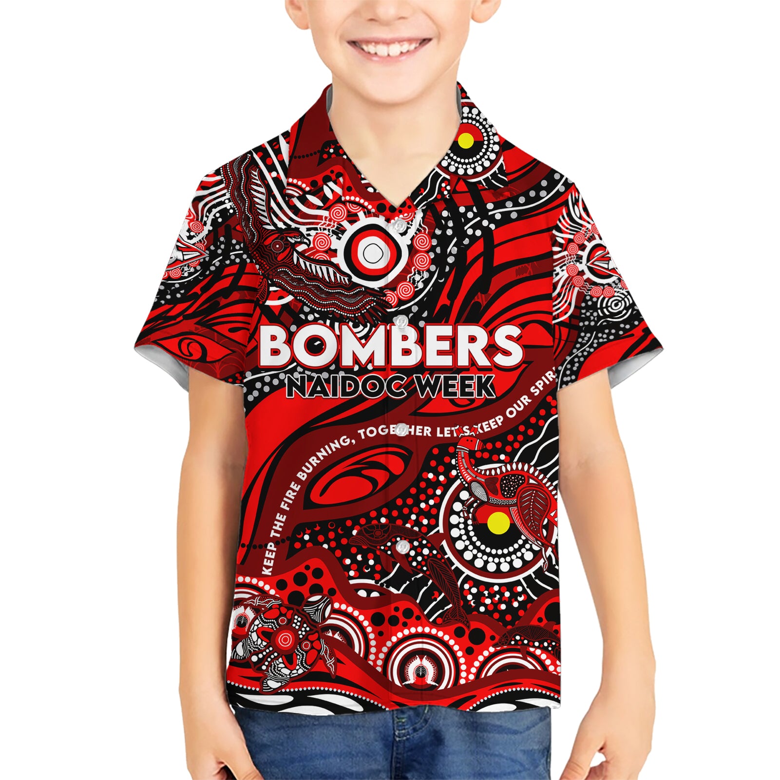 Custom NAIDOC Week 2024 Bombers Hawaiian Shirt Aboriginal Animals Keep The Fire Burning - Vibe Hoodie Shop