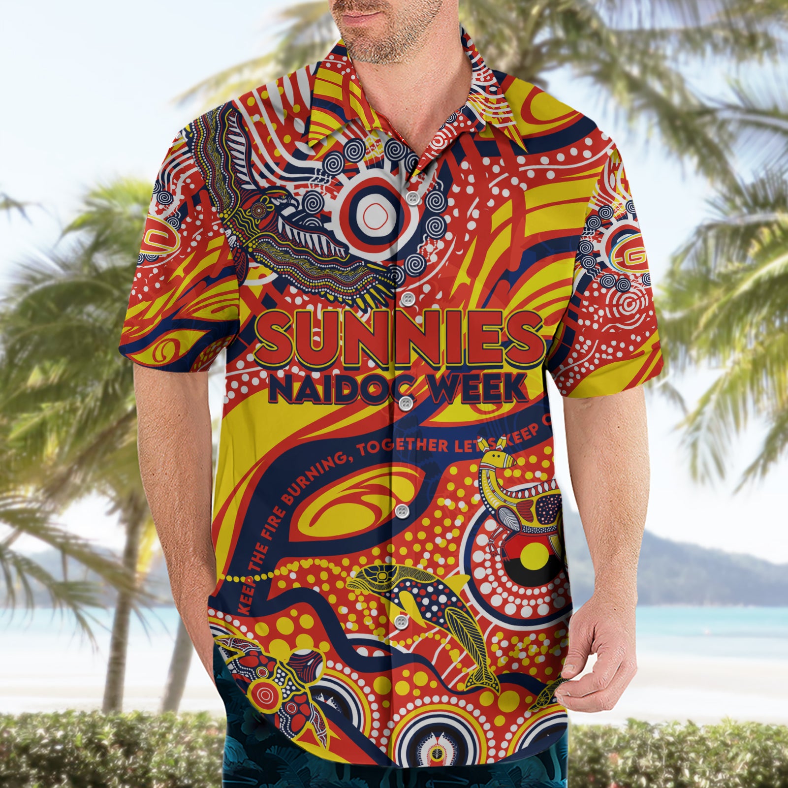 Custom NAIDOC Week 2024 Sunnies Hawaiian Shirt Aboriginal Animals Keep The Fire Burning - Vibe Hoodie Shop