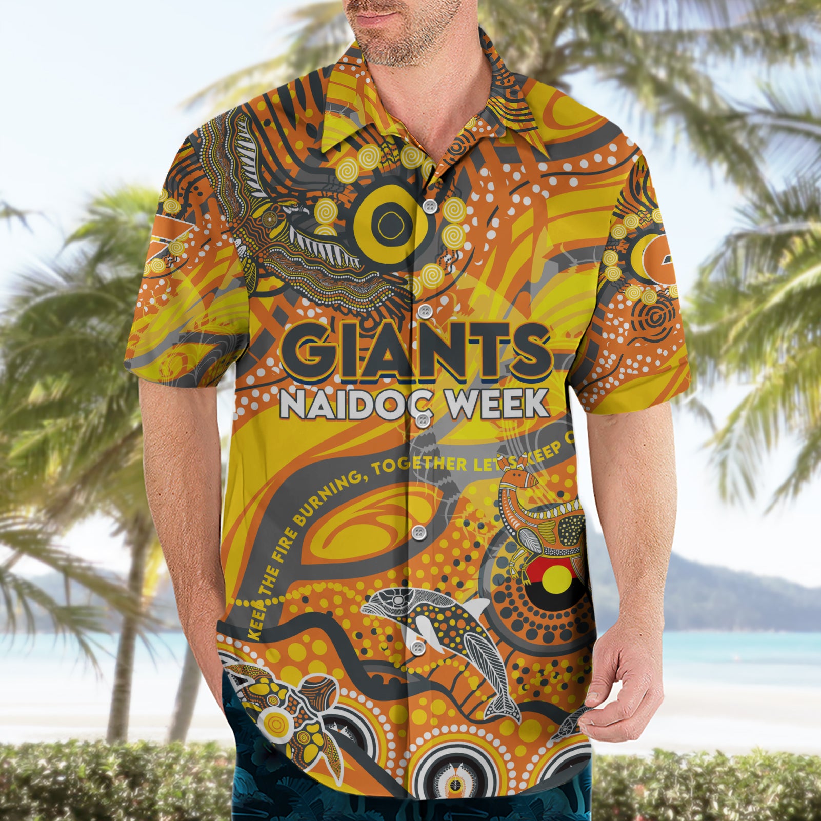 Custom NAIDOC Week 2024 Giants Hawaiian Shirt Aboriginal Animals Keep The Fire Burning - Vibe Hoodie Shop