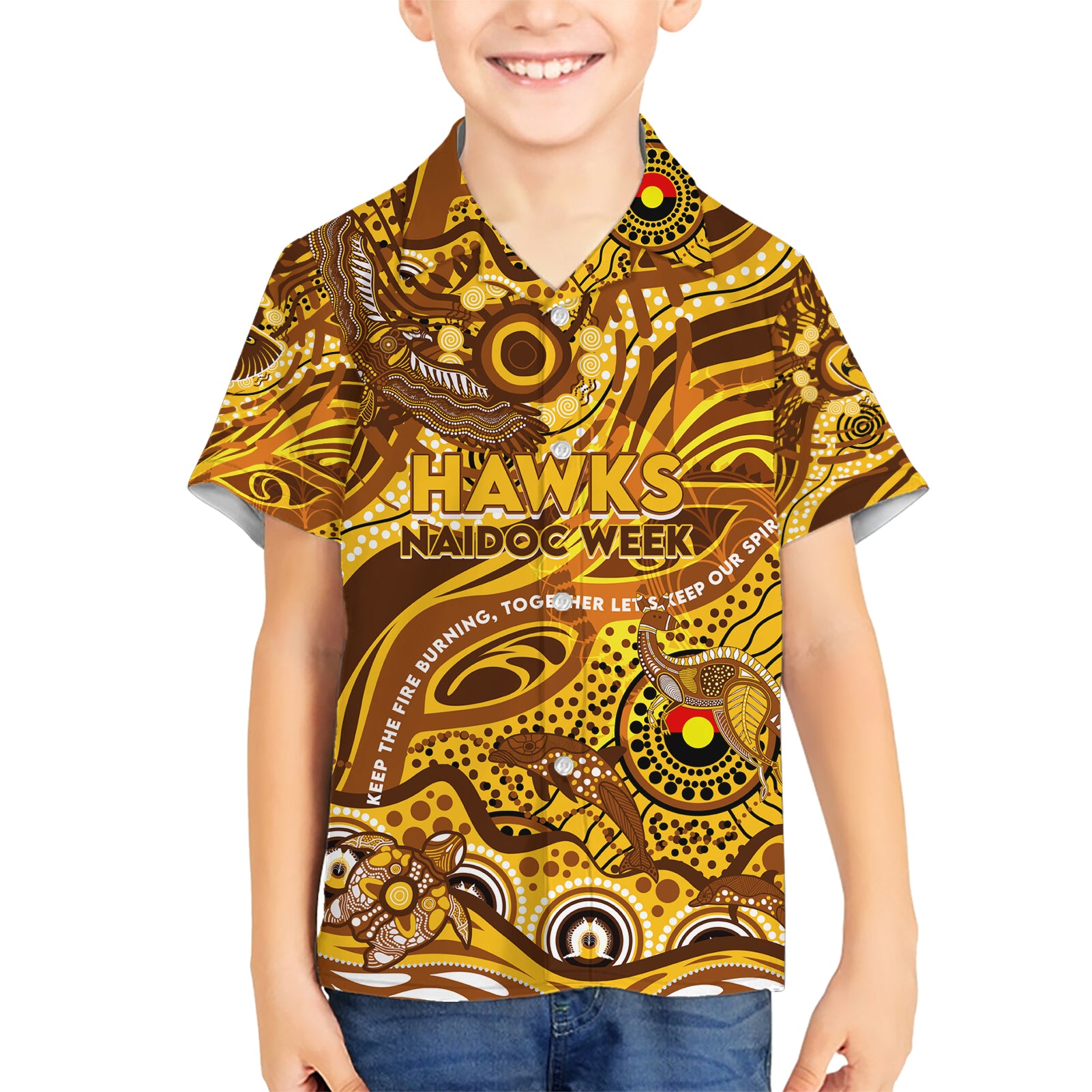 Custom NAIDOC Week 2024 Hawks Hawaiian Shirt Aboriginal Animals Keep The Fire Burning - Vibe Hoodie Shop