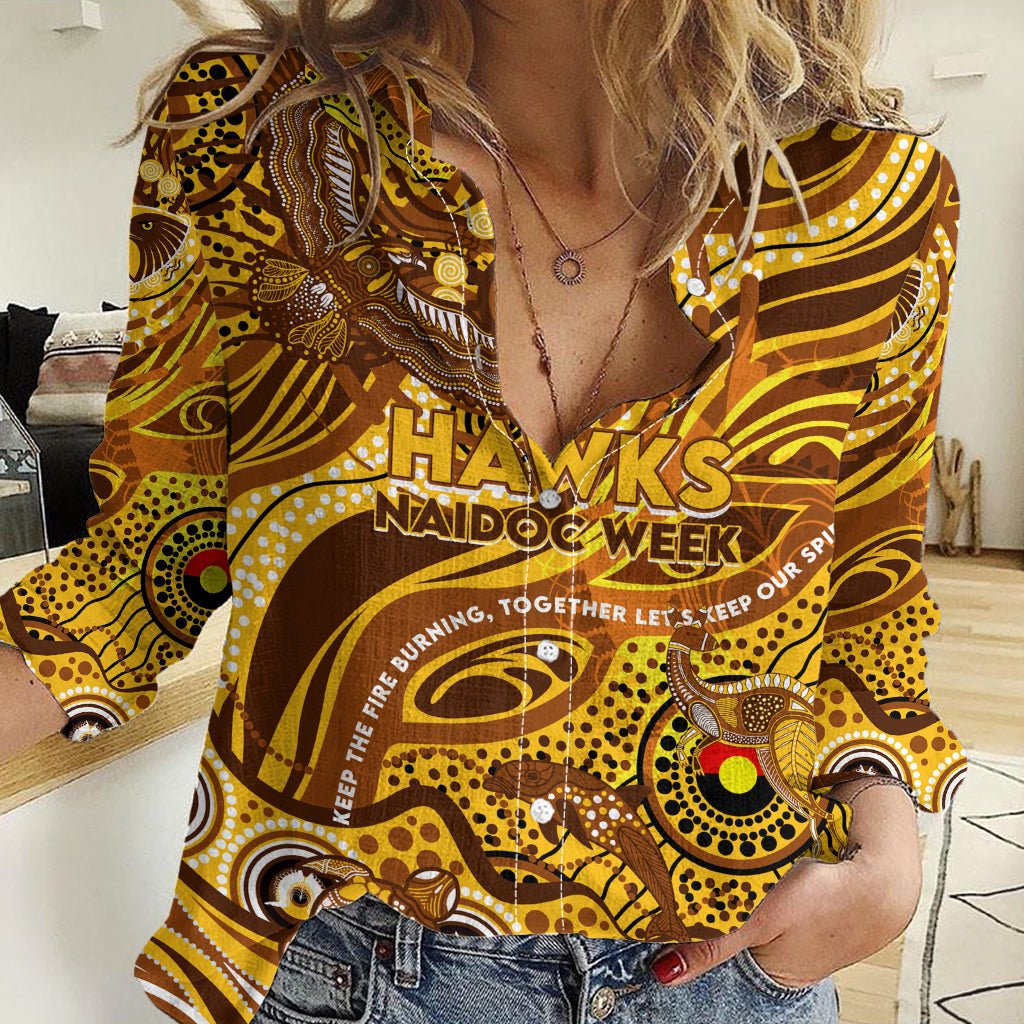 Custom NAIDOC Week 2024 Hawks Women Casual Shirt Aboriginal Animals Keep The Fire Burning - Vibe Hoodie Shop