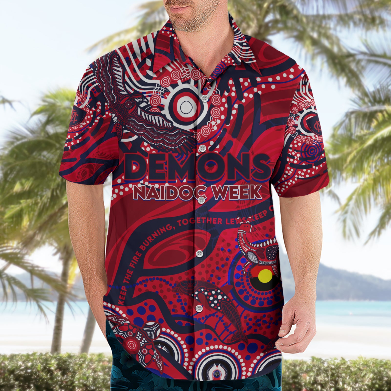 Custom NAIDOC Week 2024 Demons Hawaiian Shirt Aboriginal Animals Keep The Fire Burning - Vibe Hoodie Shop