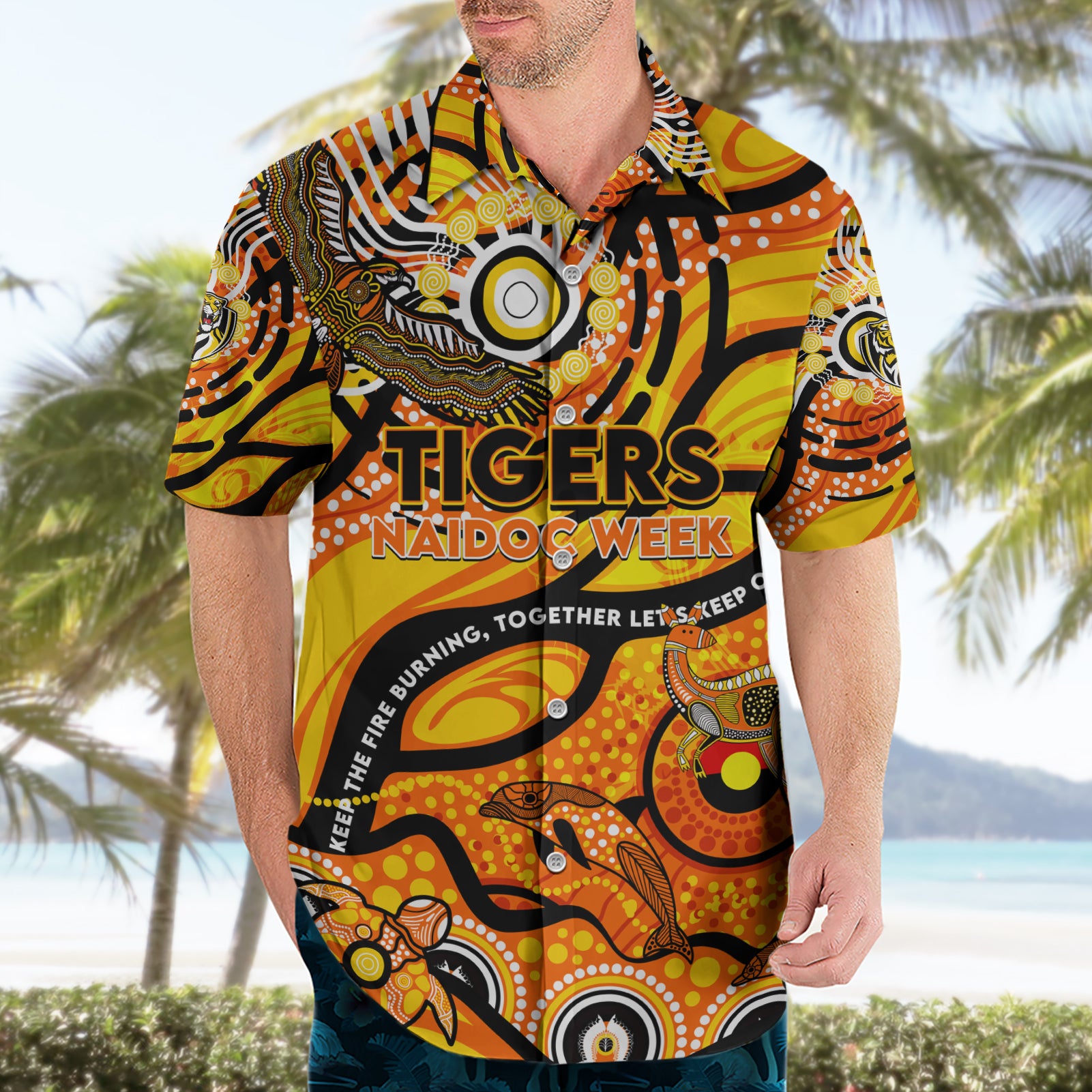 Custom NAIDOC Week 2024 Tiger Hawaiian Shirt Aboriginal Animals Keep The Fire Burning - Vibe Hoodie Shop