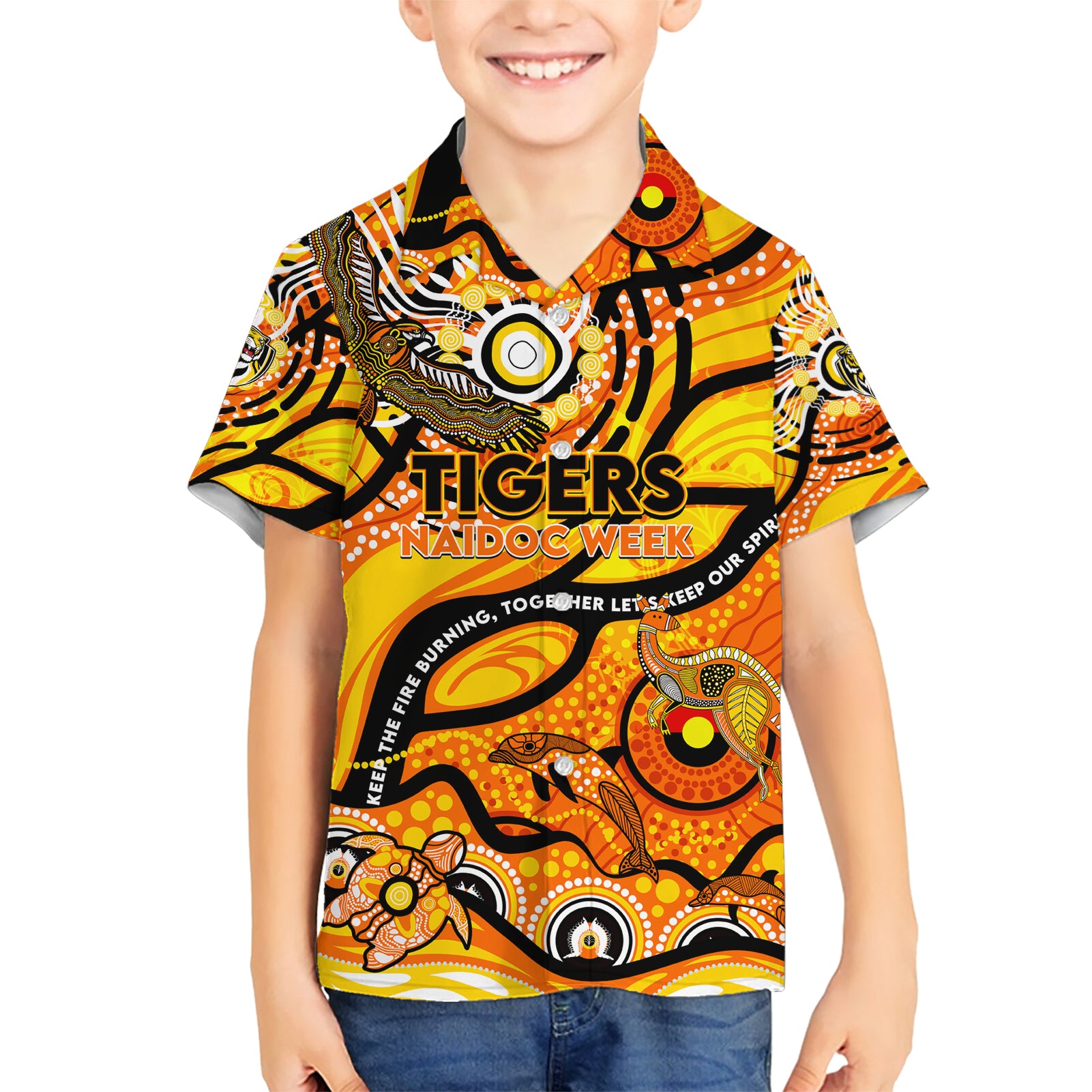 Custom NAIDOC Week 2024 Tiger Hawaiian Shirt Aboriginal Animals Keep The Fire Burning - Vibe Hoodie Shop