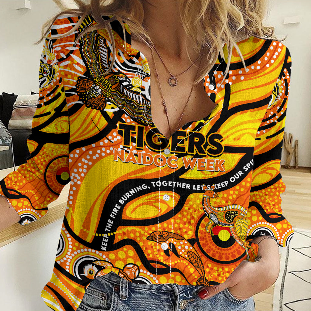 Custom NAIDOC Week 2024 Tiger Women Casual Shirt Aboriginal Animals Keep The Fire Burning - Vibe Hoodie Shop