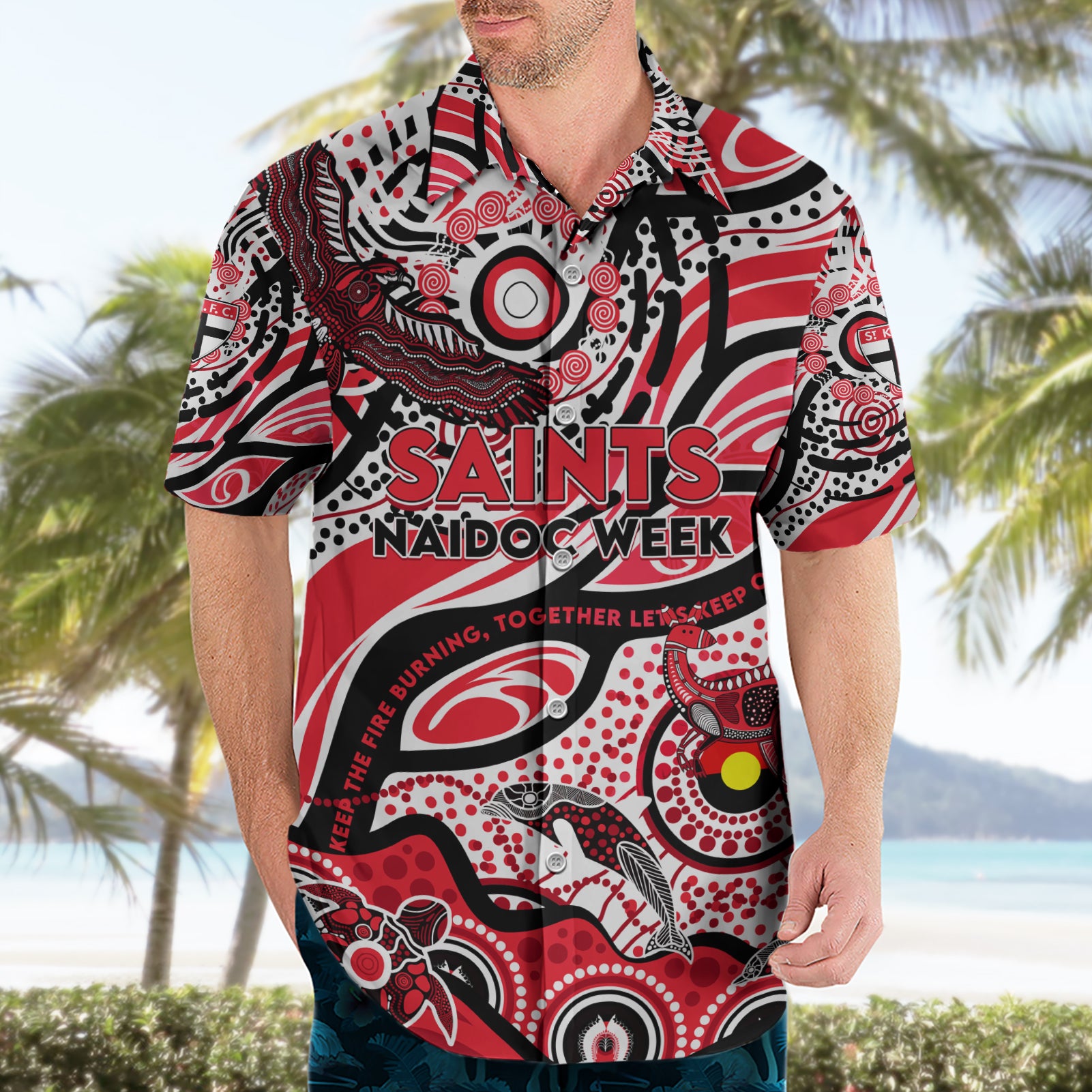 Custom NAIDOC Week 2024 Saints Hawaiian Shirt Aboriginal Animals Keep The Fire Burning - Vibe Hoodie Shop