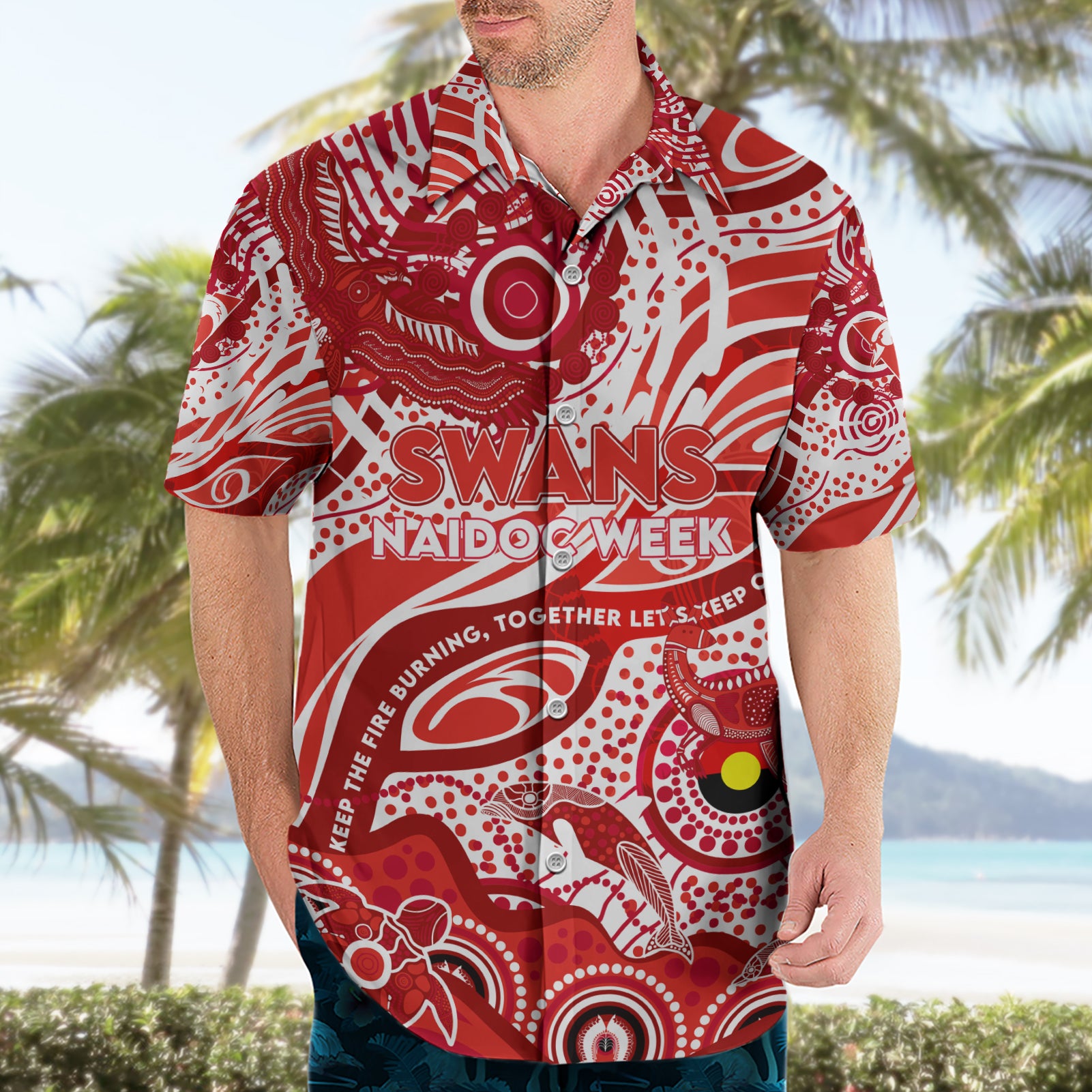 Custom NAIDOC Week 2024 Swans Hawaiian Shirt Aboriginal Animals Keep The Fire Burning - Vibe Hoodie Shop