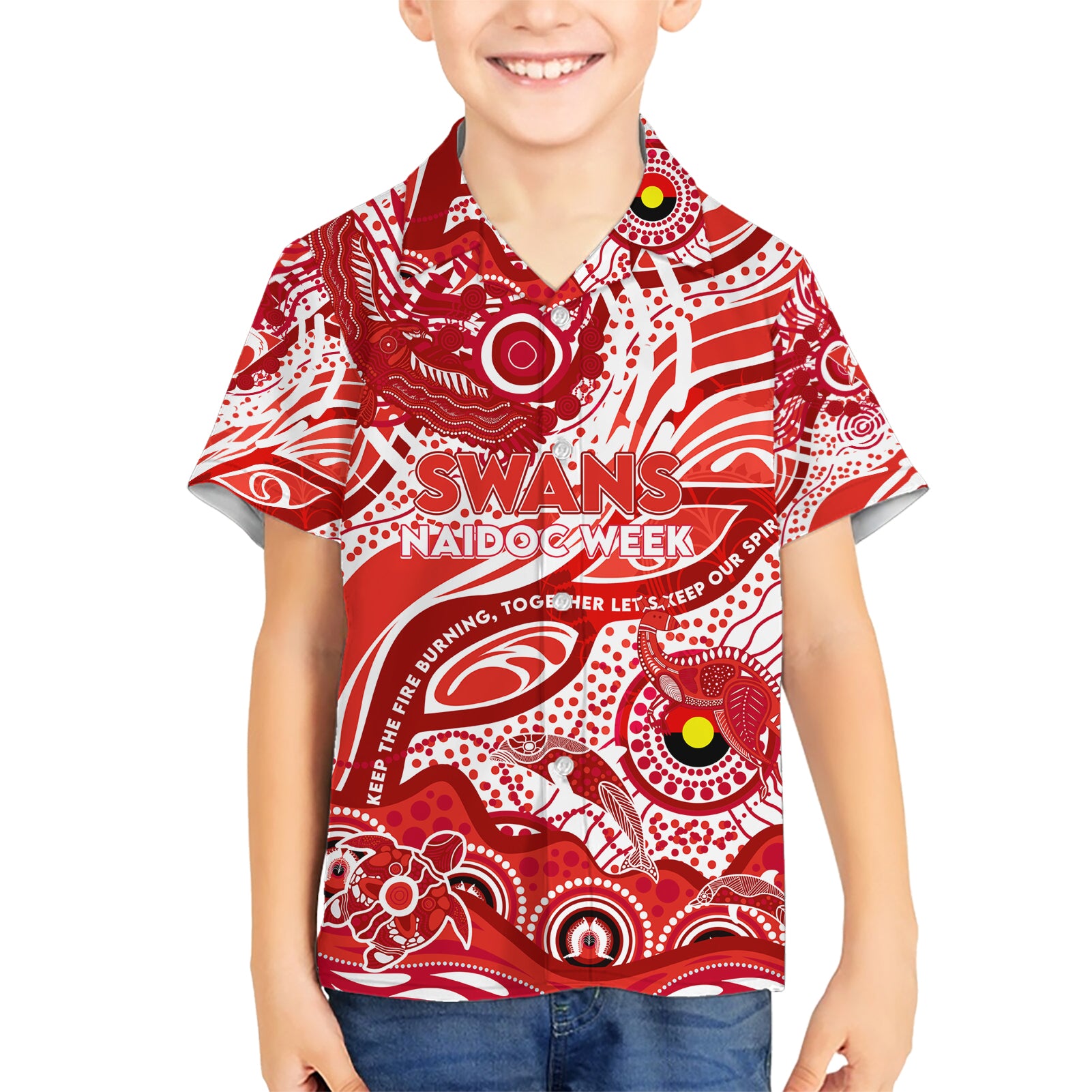 Custom NAIDOC Week 2024 Swans Hawaiian Shirt Aboriginal Animals Keep The Fire Burning - Vibe Hoodie Shop