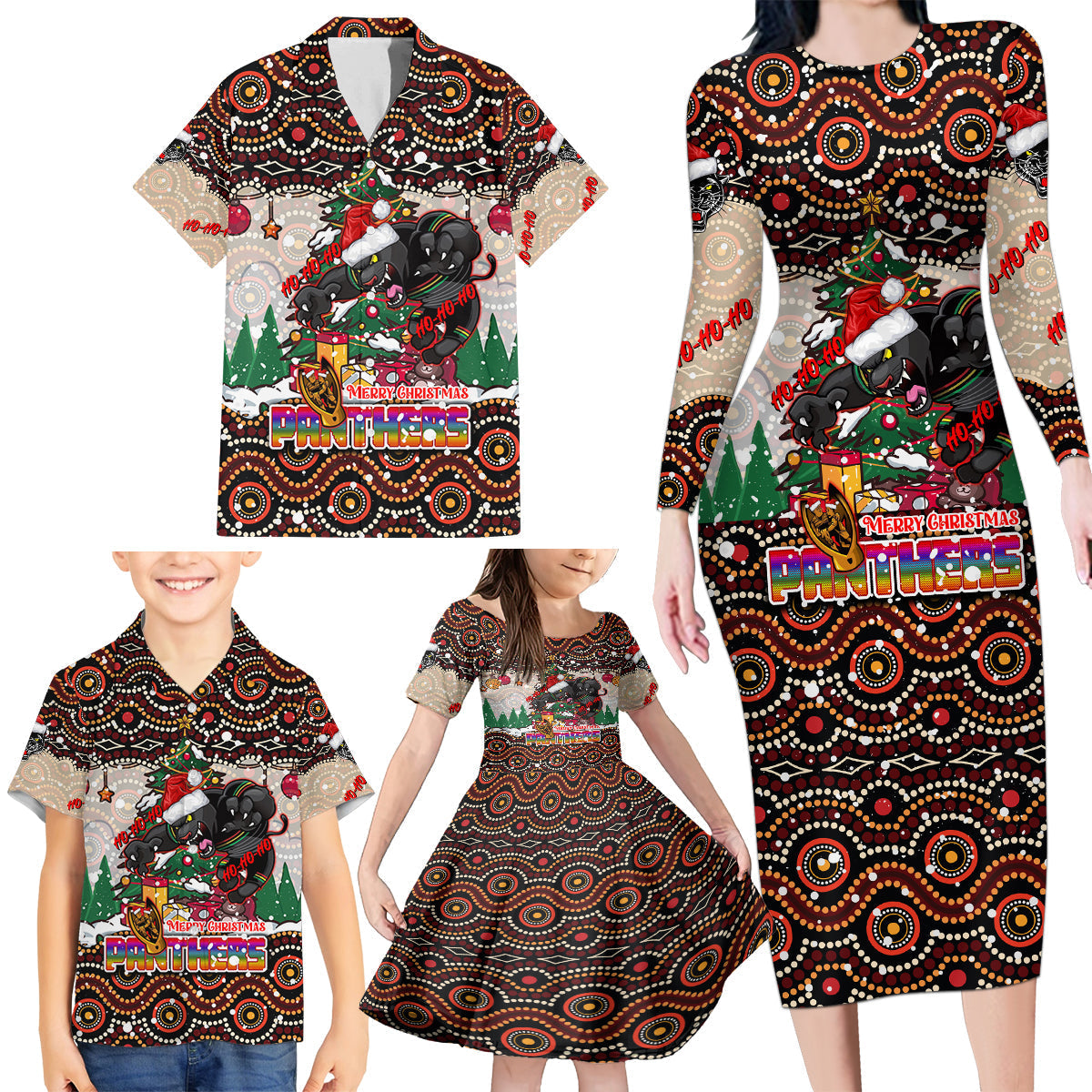 penrith-panthers-christmas-family-matching-long-sleeve-bodycon-dress-and-hawaiian-shirt-rugby-australia-mascot