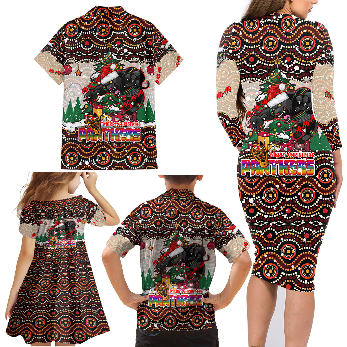 penrith-panthers-christmas-family-matching-long-sleeve-bodycon-dress-and-hawaiian-shirt-rugby-australia-mascot