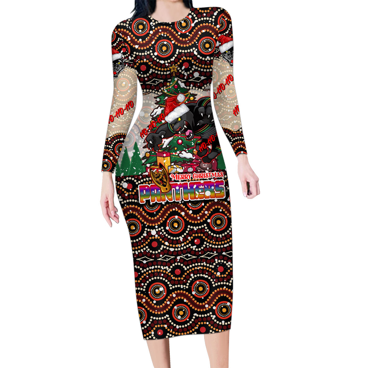 penrith-panthers-christmas-family-matching-long-sleeve-bodycon-dress-and-hawaiian-shirt-rugby-australia-mascot