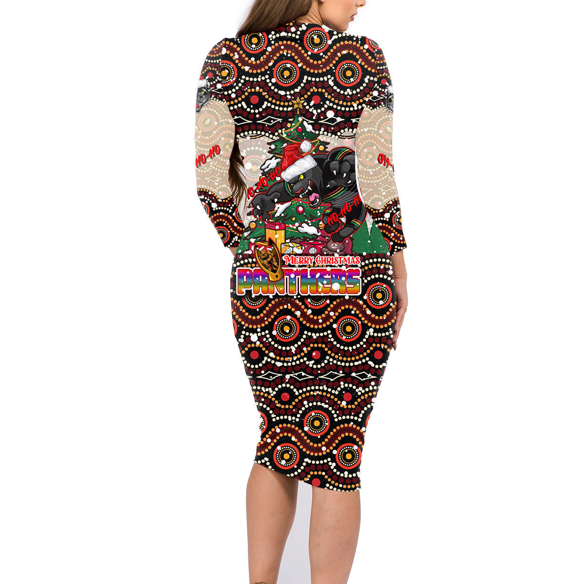 penrith-panthers-christmas-family-matching-long-sleeve-bodycon-dress-and-hawaiian-shirt-rugby-australia-mascot