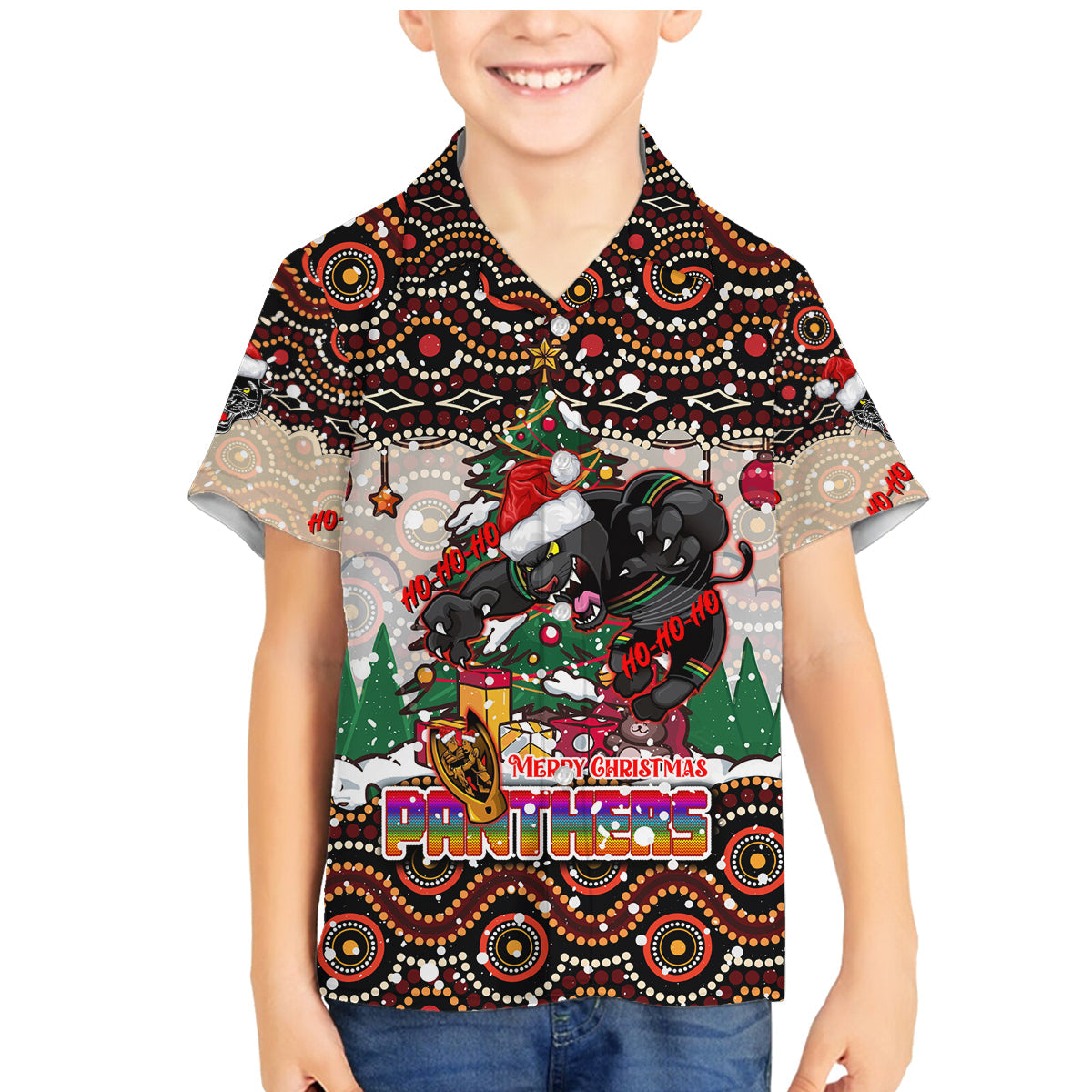 penrith-panthers-christmas-family-matching-mermaid-dress-and-hawaiian-shirt-rugby-australia-mascot
