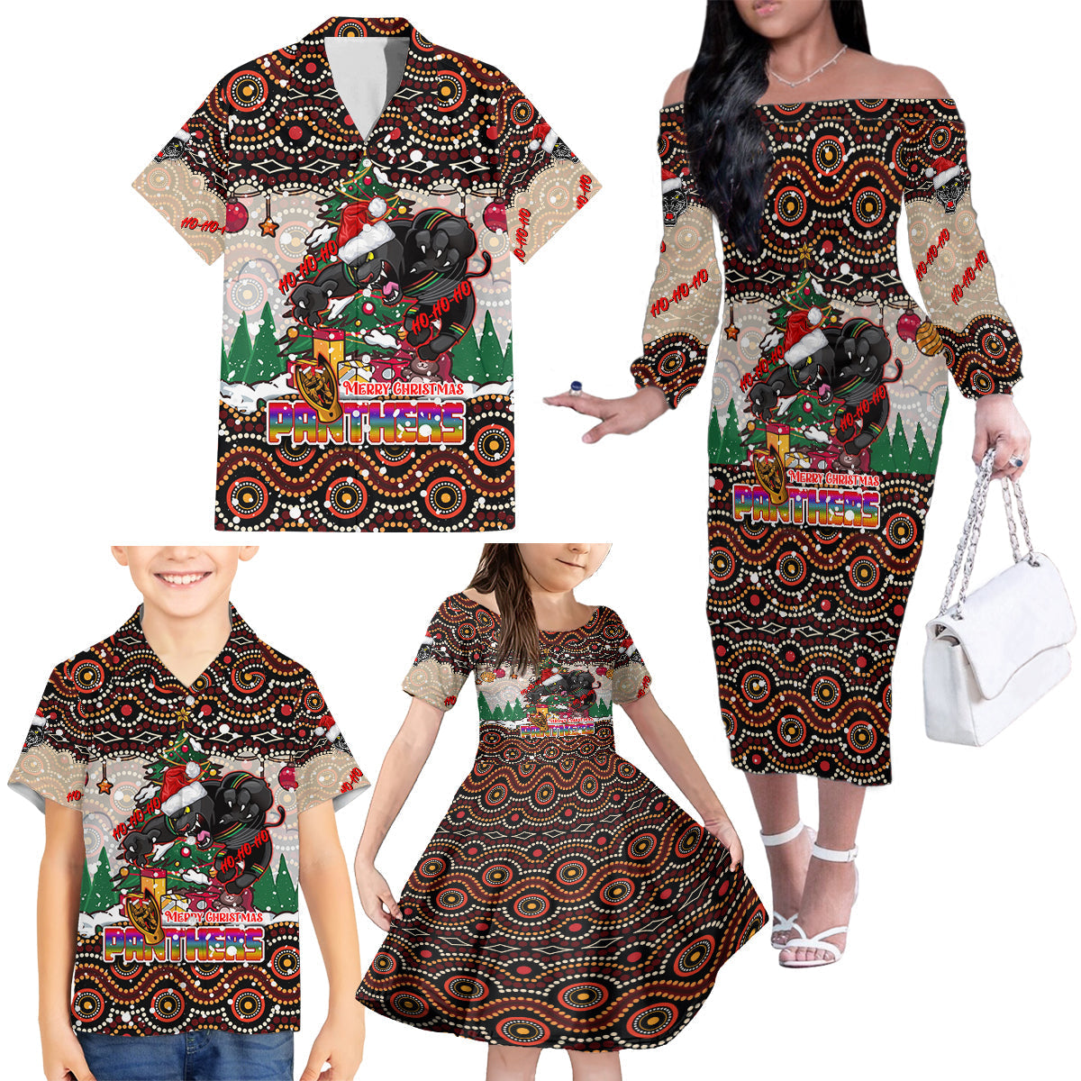 penrith-panthers-christmas-family-matching-off-shoulder-long-sleeve-dress-and-hawaiian-shirt-rugby-australia-mascot