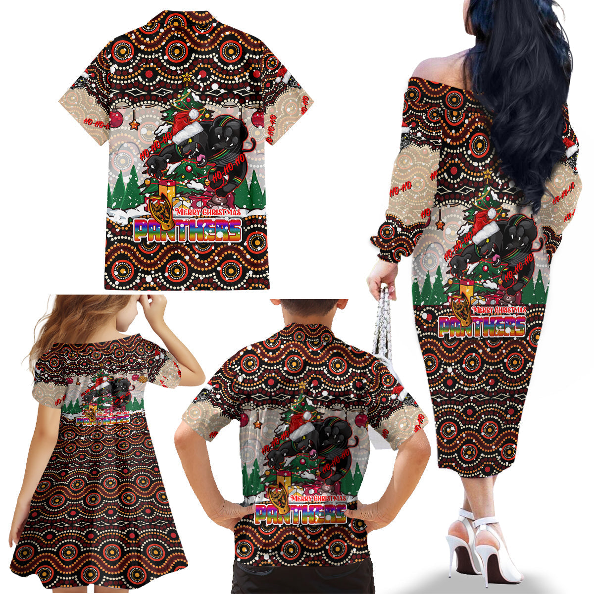 penrith-panthers-christmas-family-matching-off-shoulder-long-sleeve-dress-and-hawaiian-shirt-rugby-australia-mascot