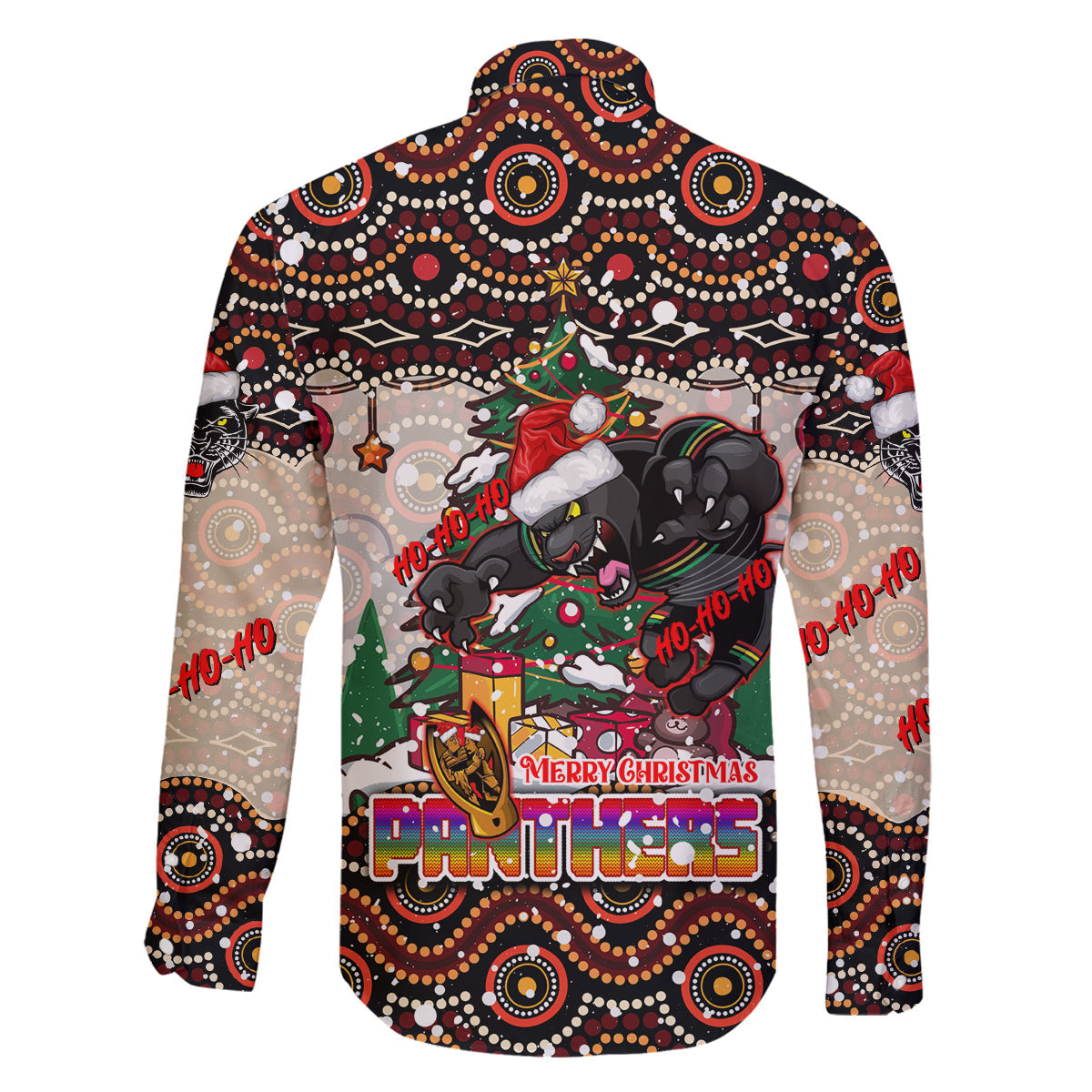 penrith-panthers-christmas-family-matching-off-shoulder-long-sleeve-dress-and-hawaiian-shirt-rugby-australia-mascot