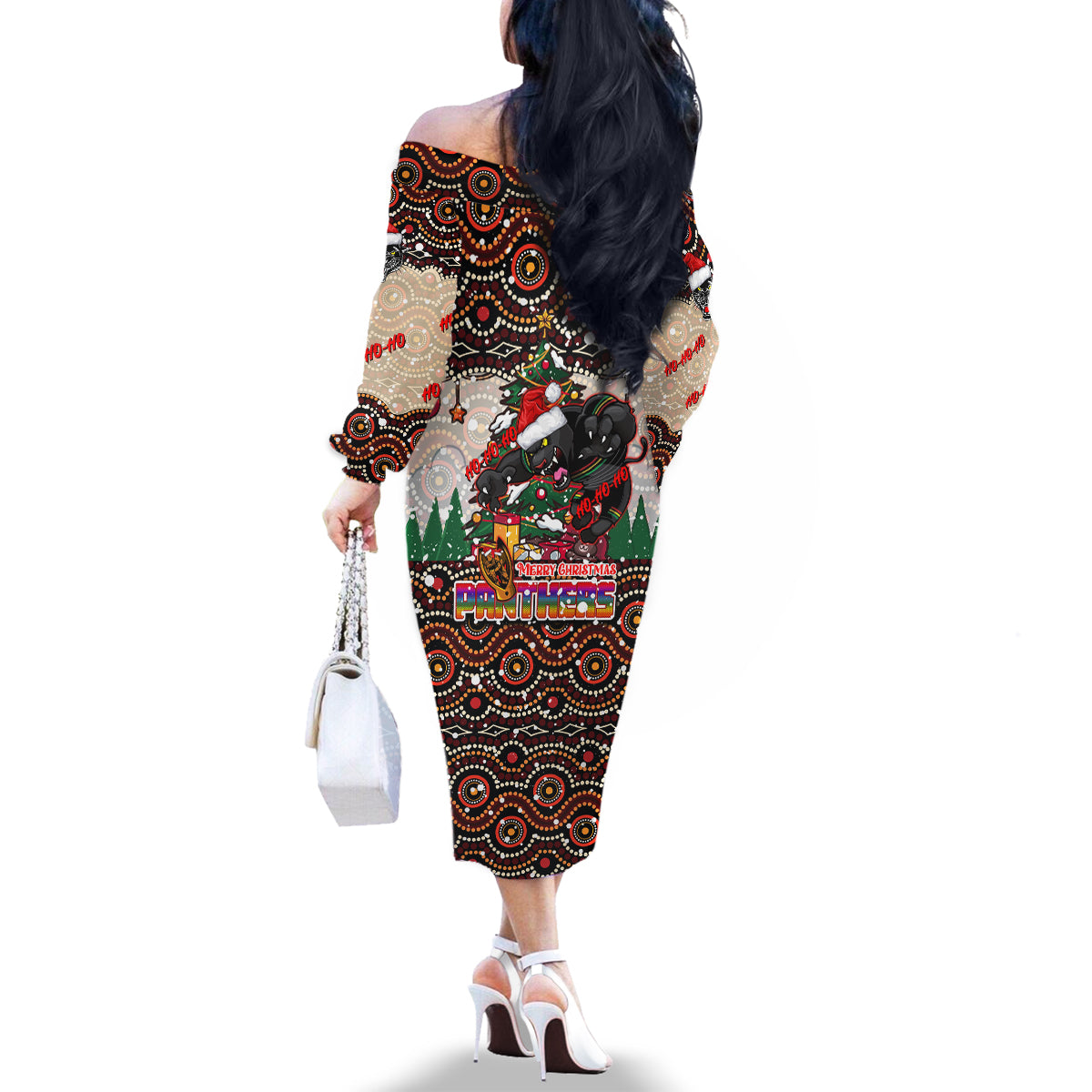 penrith-panthers-christmas-family-matching-off-shoulder-long-sleeve-dress-and-hawaiian-shirt-rugby-australia-mascot