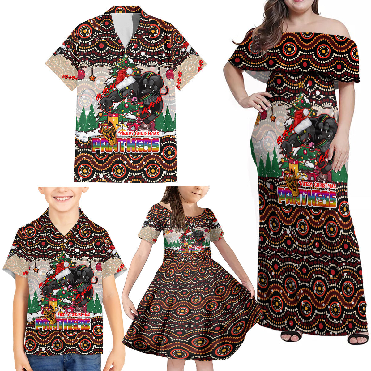 penrith-panthers-christmas-family-matching-off-shoulder-maxi-dress-and-hawaiian-shirt-rugby-australia-mascot