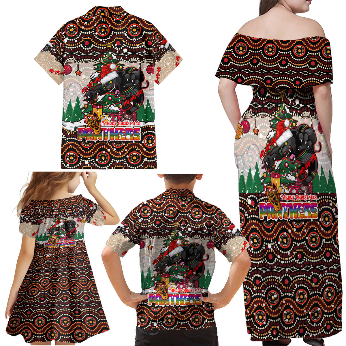 penrith-panthers-christmas-family-matching-off-shoulder-maxi-dress-and-hawaiian-shirt-rugby-australia-mascot