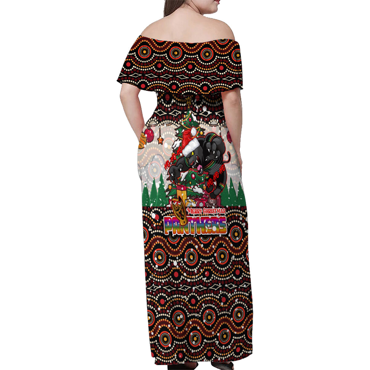 penrith-panthers-christmas-family-matching-off-shoulder-maxi-dress-and-hawaiian-shirt-rugby-australia-mascot