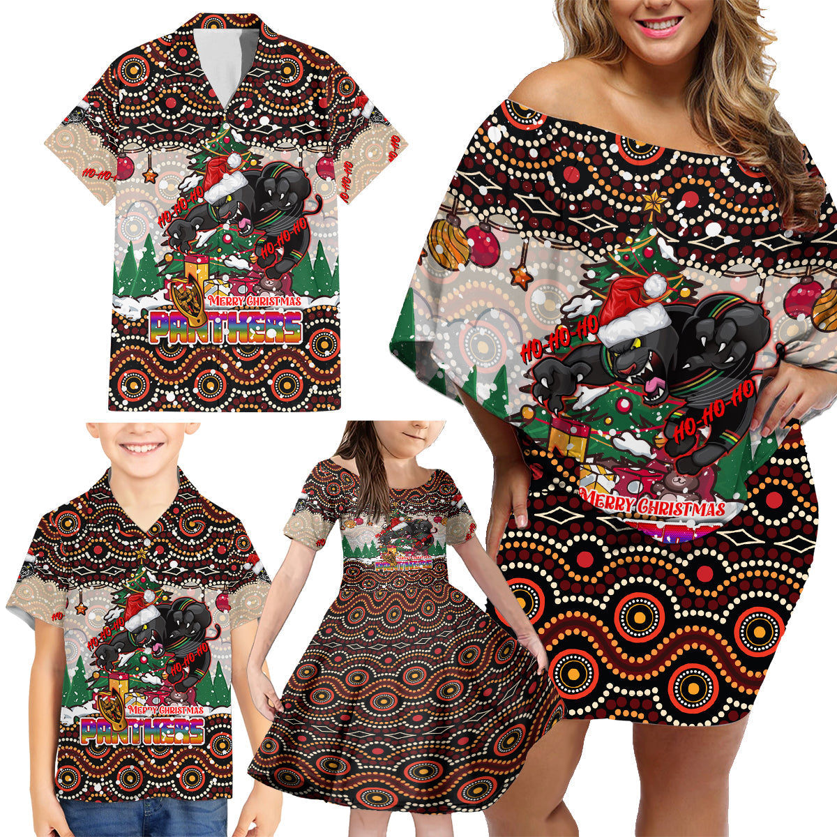 penrith-panthers-christmas-family-matching-off-shoulder-short-dress-and-hawaiian-shirt-rugby-australia-mascot