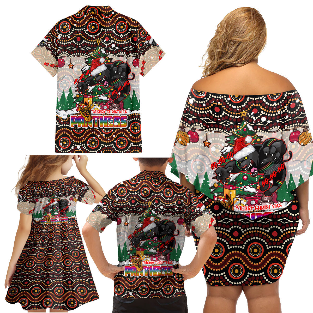penrith-panthers-christmas-family-matching-off-shoulder-short-dress-and-hawaiian-shirt-rugby-australia-mascot