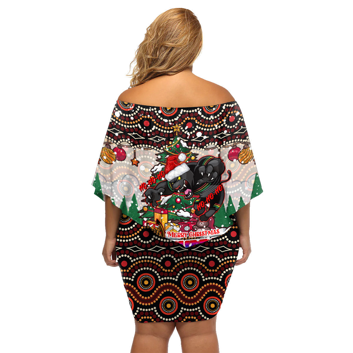 penrith-panthers-christmas-family-matching-off-shoulder-short-dress-and-hawaiian-shirt-rugby-australia-mascot