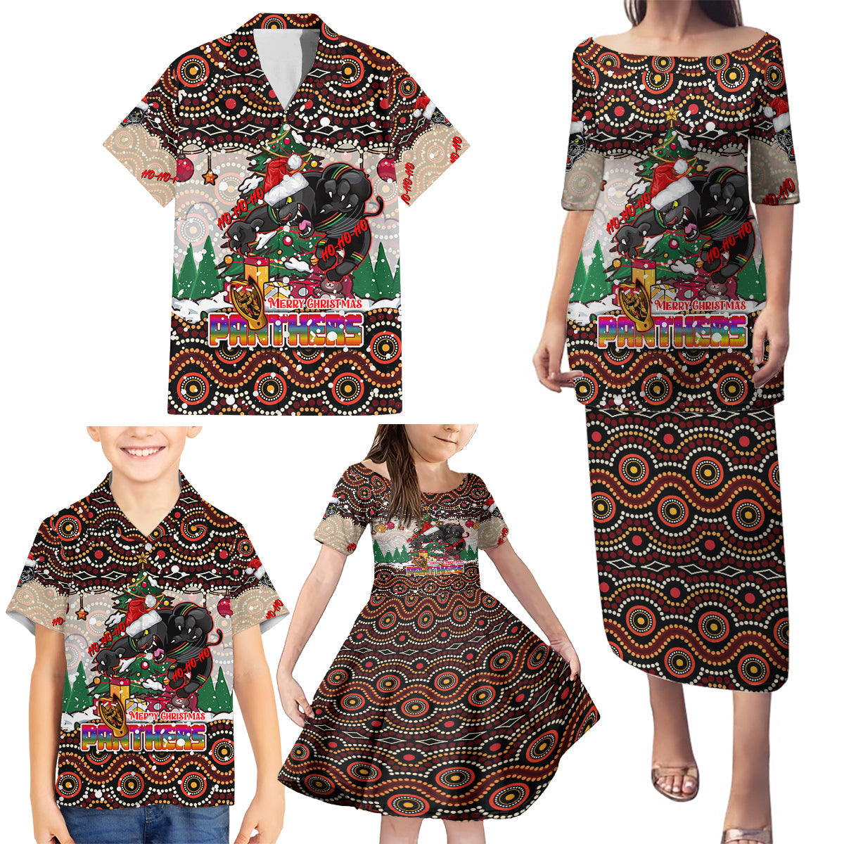 penrith-panthers-christmas-family-matching-puletasi-dress-and-hawaiian-shirt-rugby-australia-mascot
