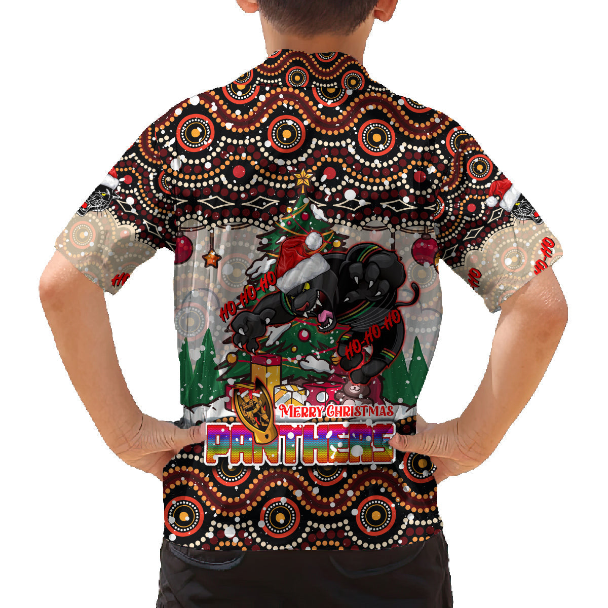 penrith-panthers-christmas-family-matching-puletasi-dress-and-hawaiian-shirt-rugby-australia-mascot