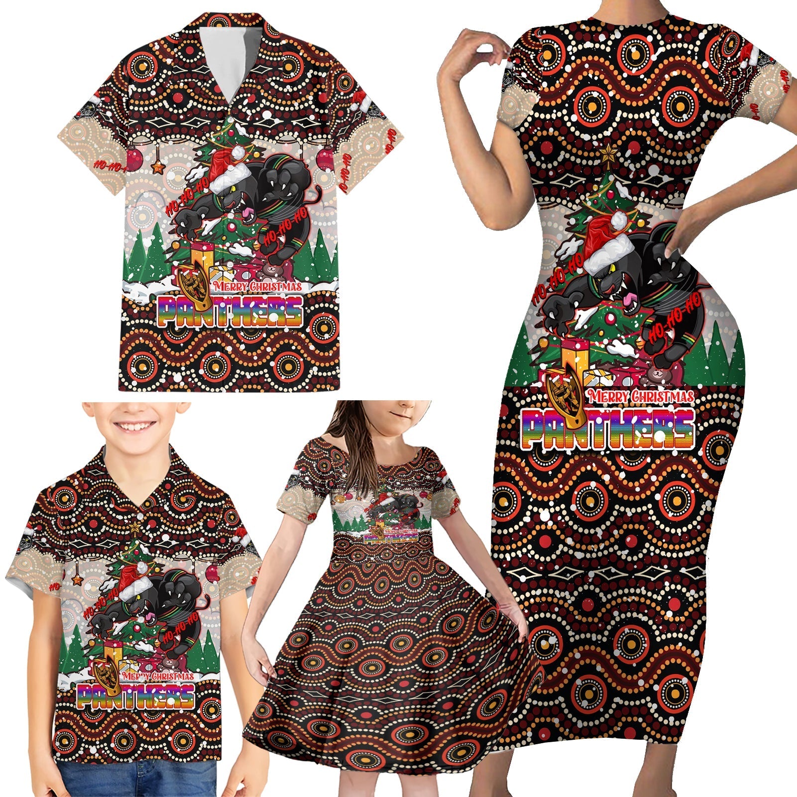 penrith-panthers-christmas-family-matching-short-sleeve-bodycon-dress-and-hawaiian-shirt-rugby-australia-mascot