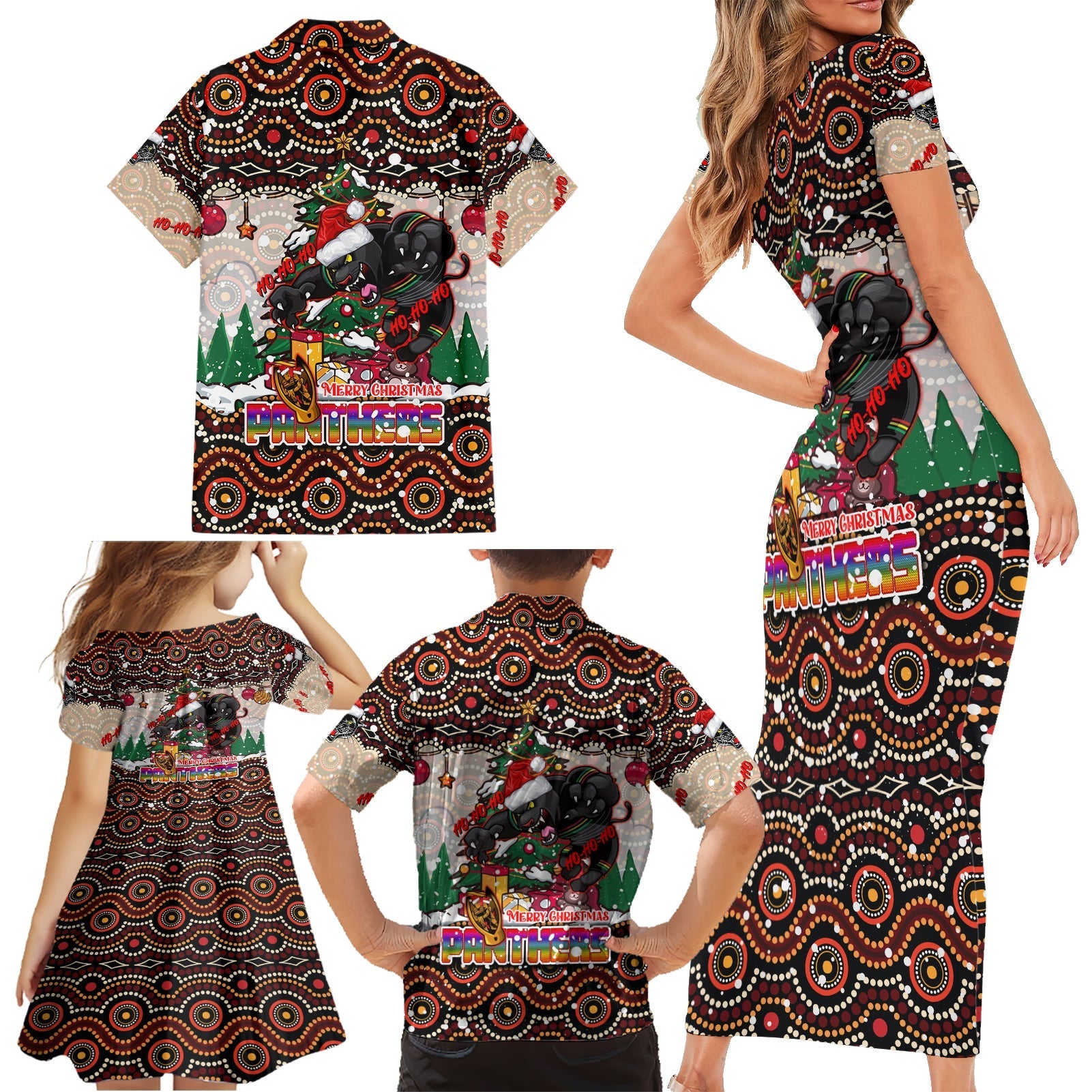 penrith-panthers-christmas-family-matching-short-sleeve-bodycon-dress-and-hawaiian-shirt-rugby-australia-mascot