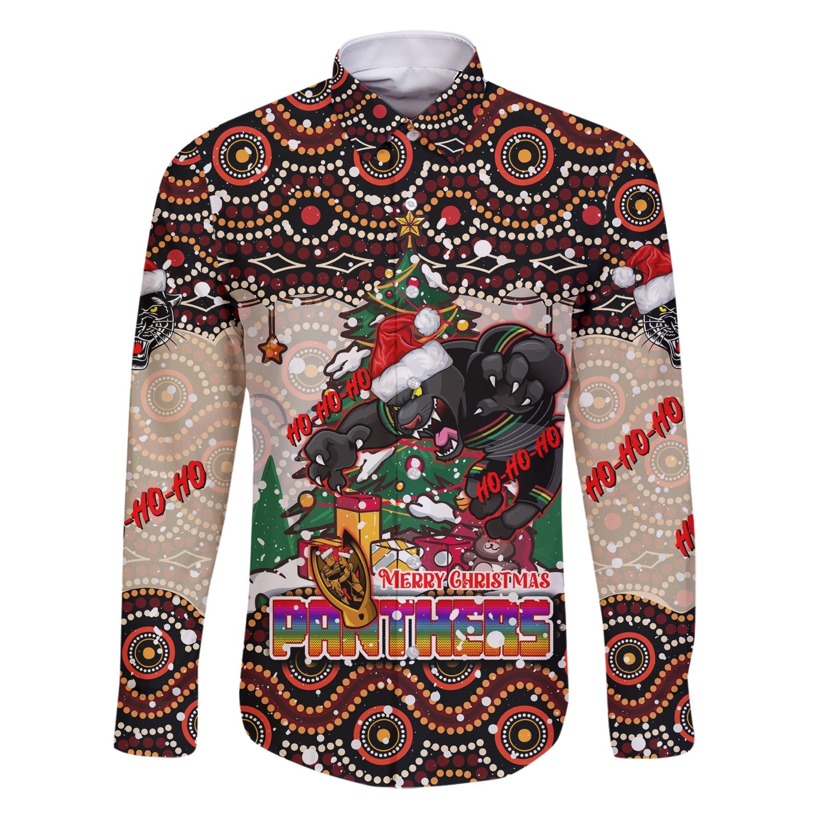 penrith-panthers-christmas-family-matching-short-sleeve-bodycon-dress-and-hawaiian-shirt-rugby-australia-mascot