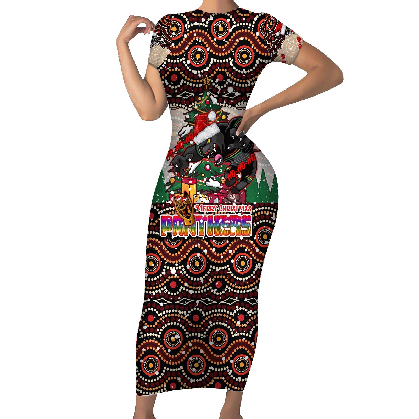 penrith-panthers-christmas-family-matching-short-sleeve-bodycon-dress-and-hawaiian-shirt-rugby-australia-mascot