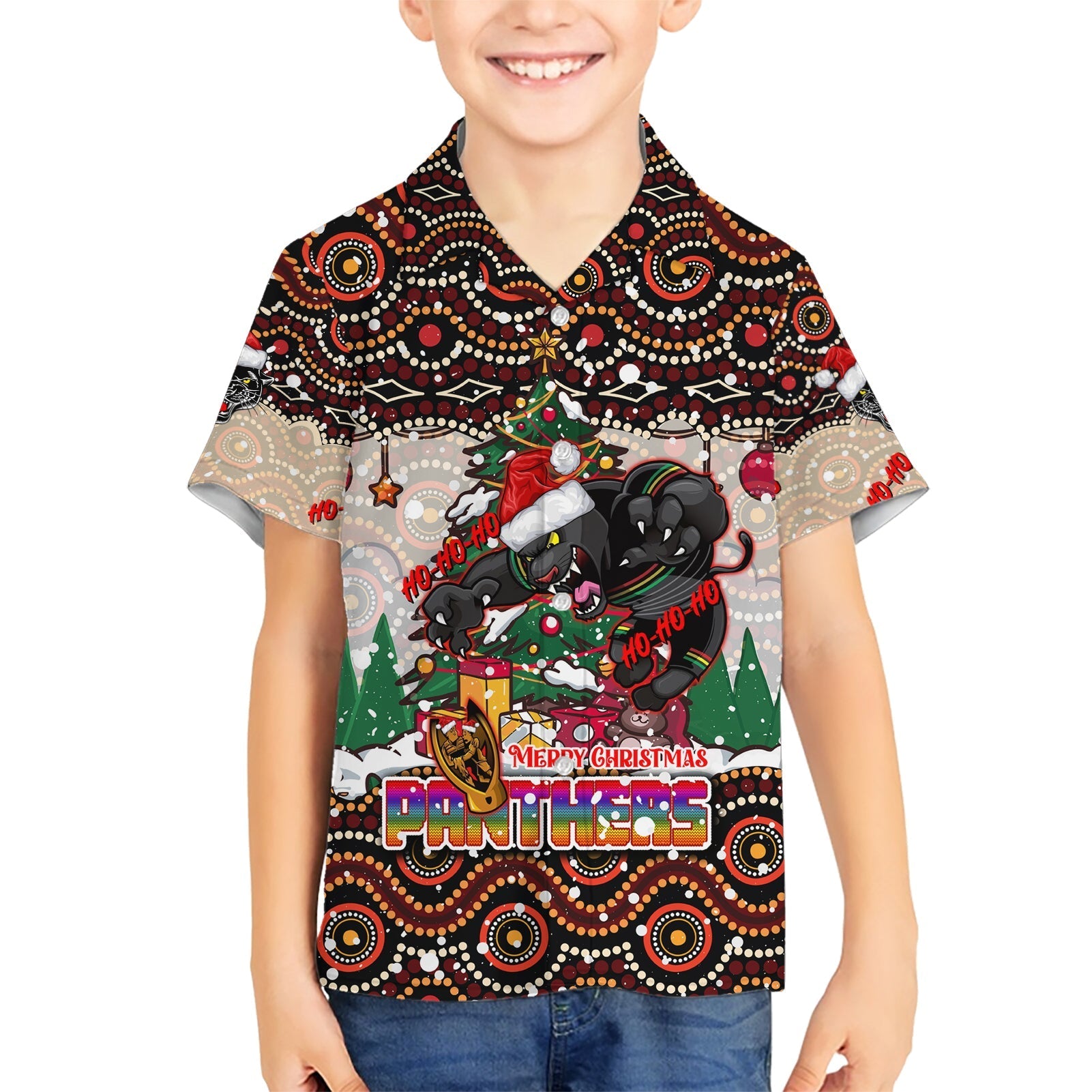 penrith-panthers-christmas-family-matching-short-sleeve-bodycon-dress-and-hawaiian-shirt-rugby-australia-mascot