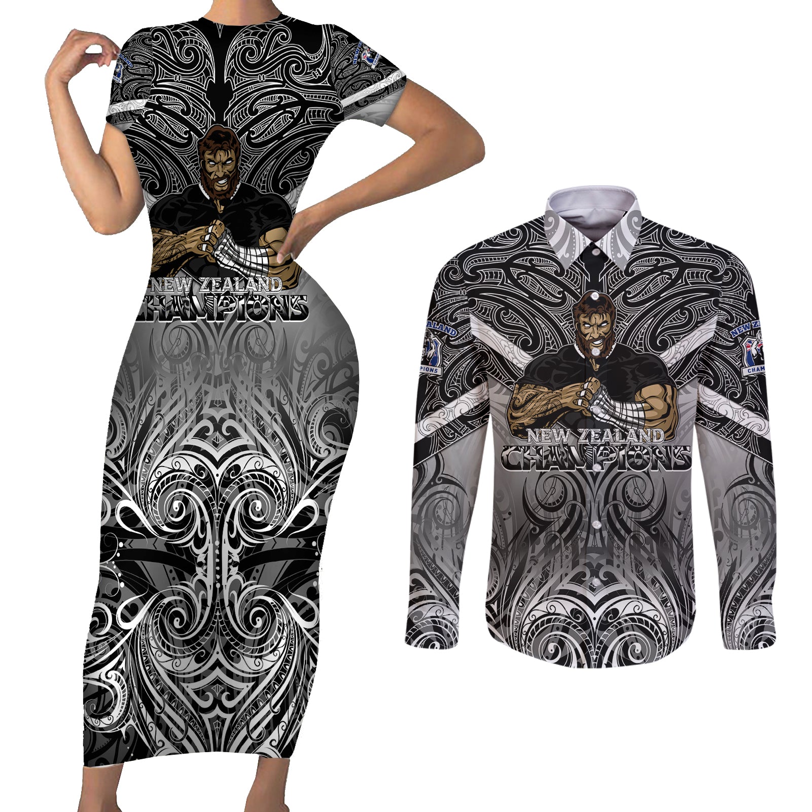 new-zealand-couples-matching-short-sleeve-bodycon-dress-and-long-sleeve-button-shirt-rugby-aotearoa-champions