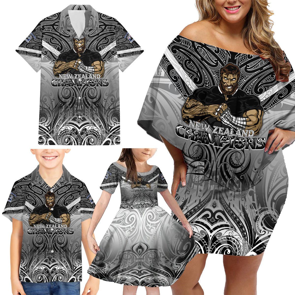 new-zealand-family-matching-off-shoulder-short-dress-and-hawaiian-shirt-rugby-aotearoa-champions