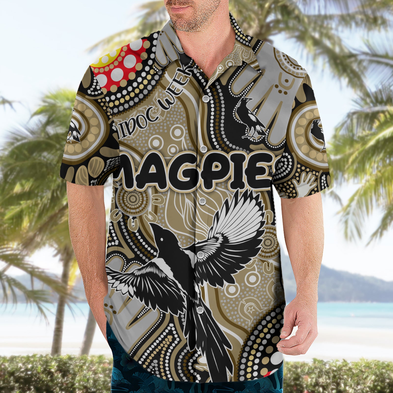 Personalised NAIDOC Week 2024 Collingwood Magpies Hawaiian Shirt Australian Aboriginal Hand Painting - Vibe Hoodie Shop