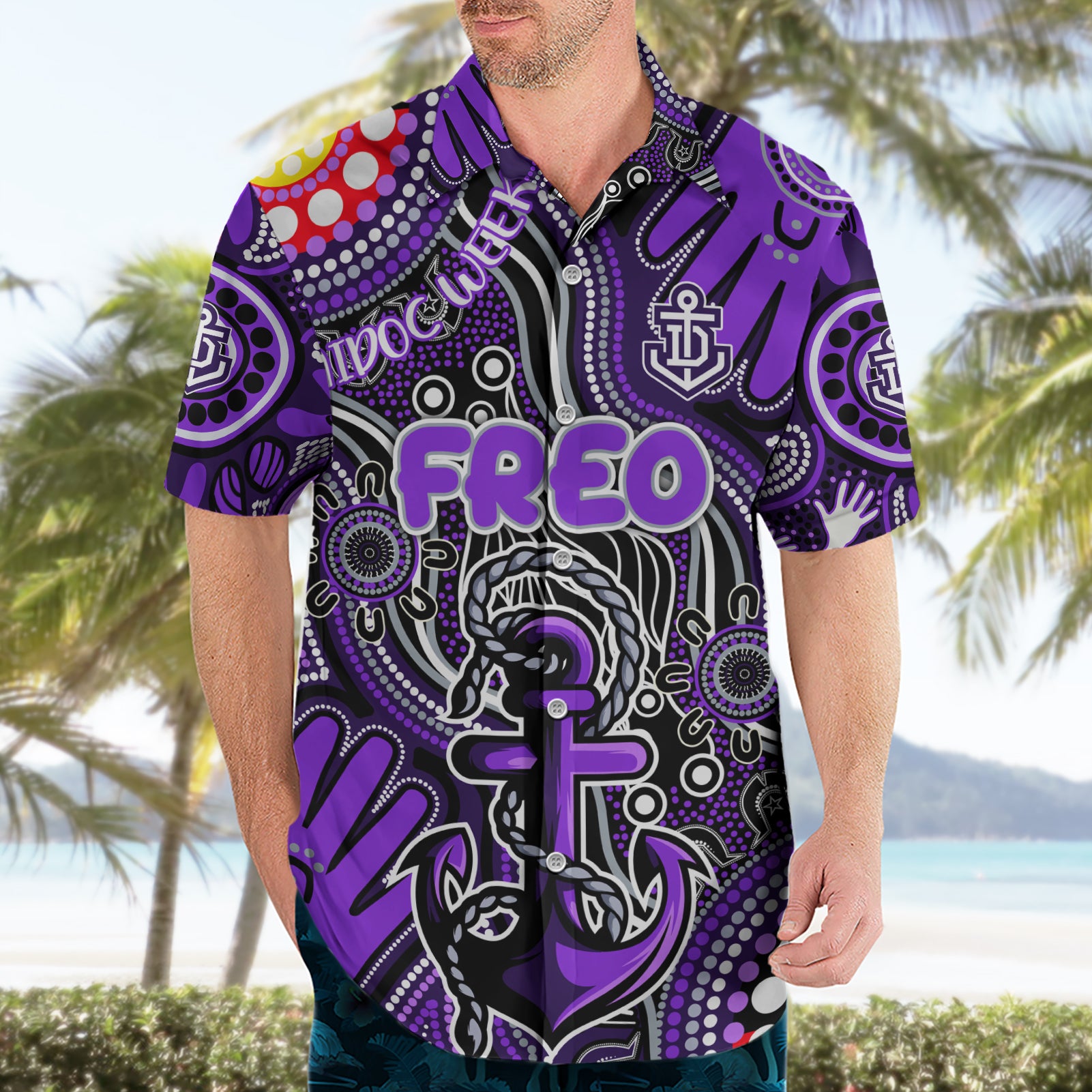 Personalised NAIDOC Week 2024 Fremantle Dockers Freo Hawaiian Shirt Australian Aboriginal Hand Painting - Vibe Hoodie Shop